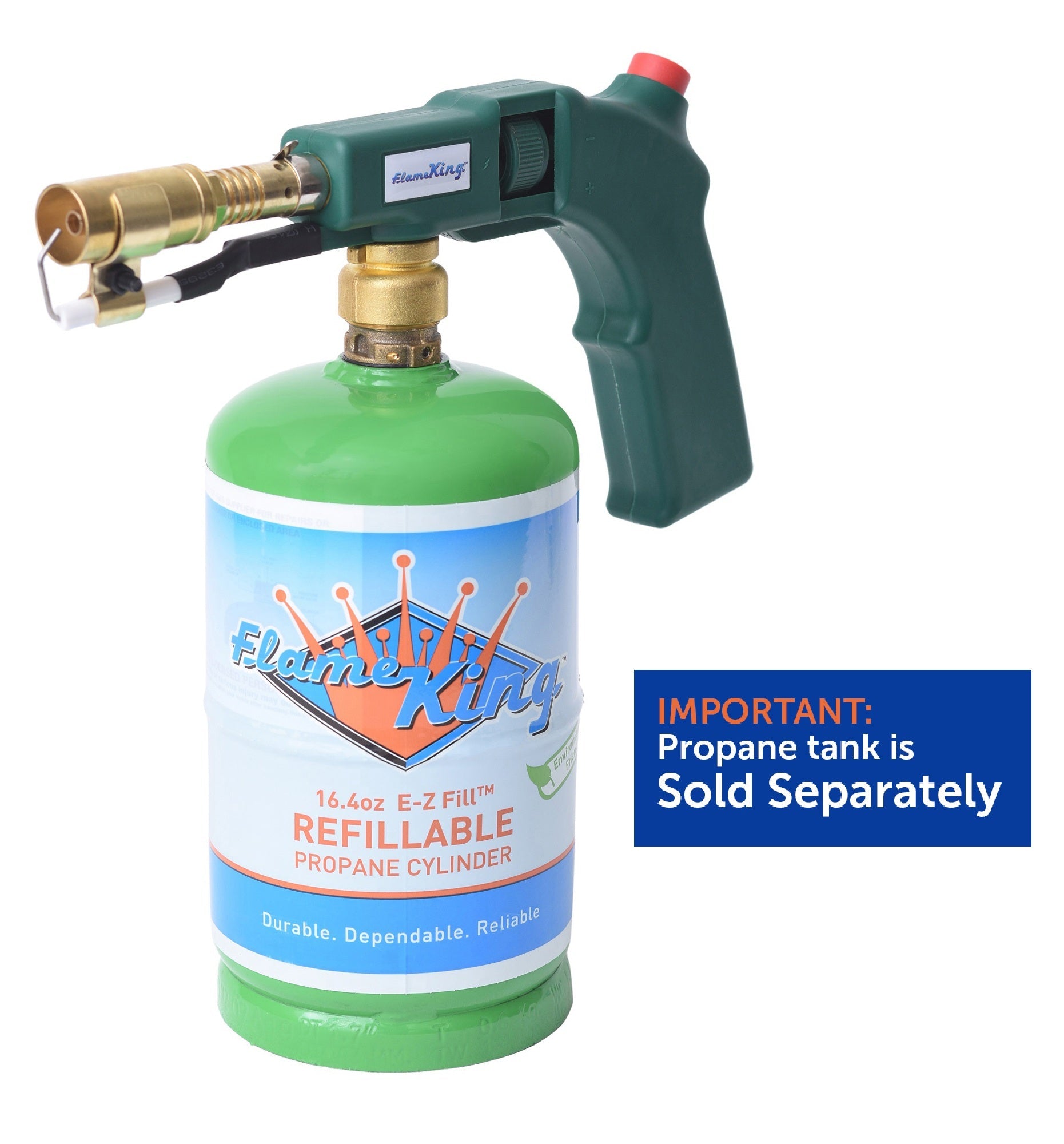 Flame King high intensity propane searing torch with electric start and comfort handle, used for grilling and weed burning.
