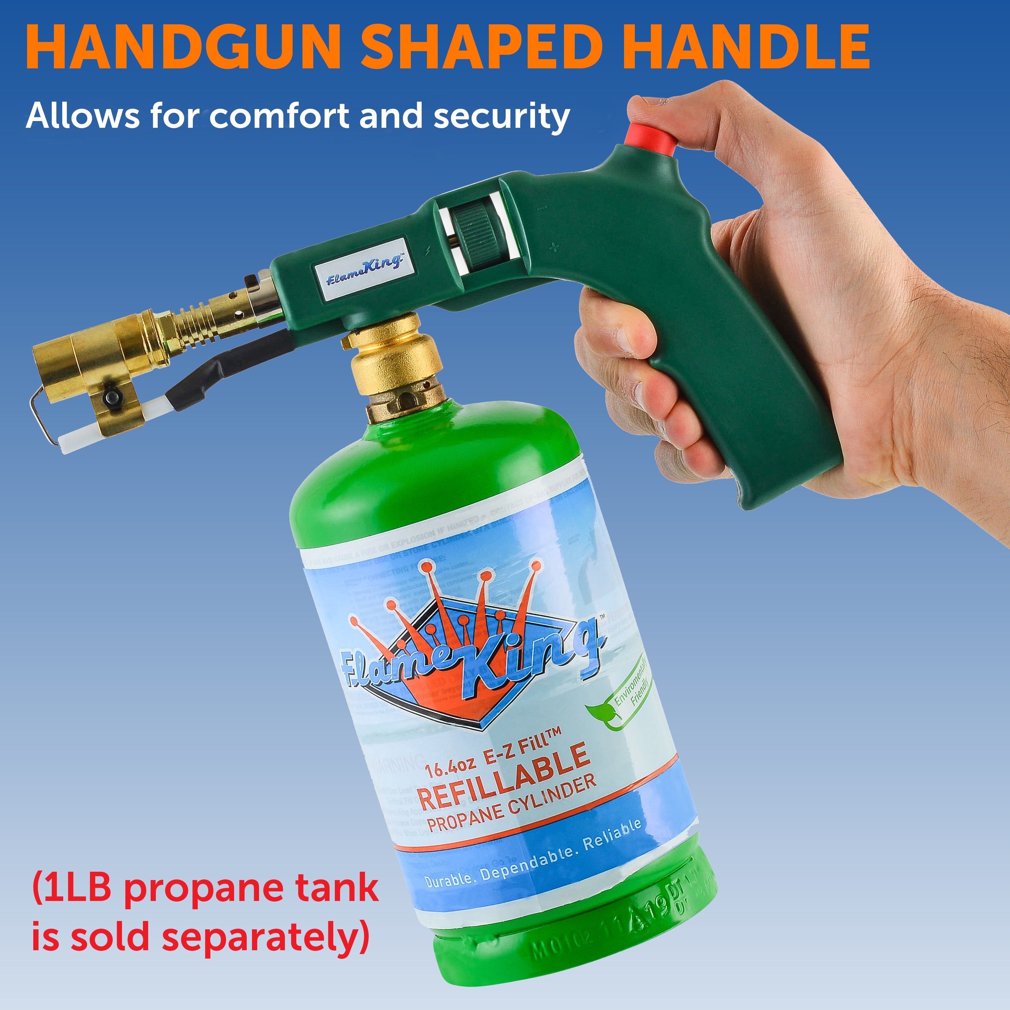 Flame King high intensity propane torch with electric start and comfort handle, used for searing or weed burning.