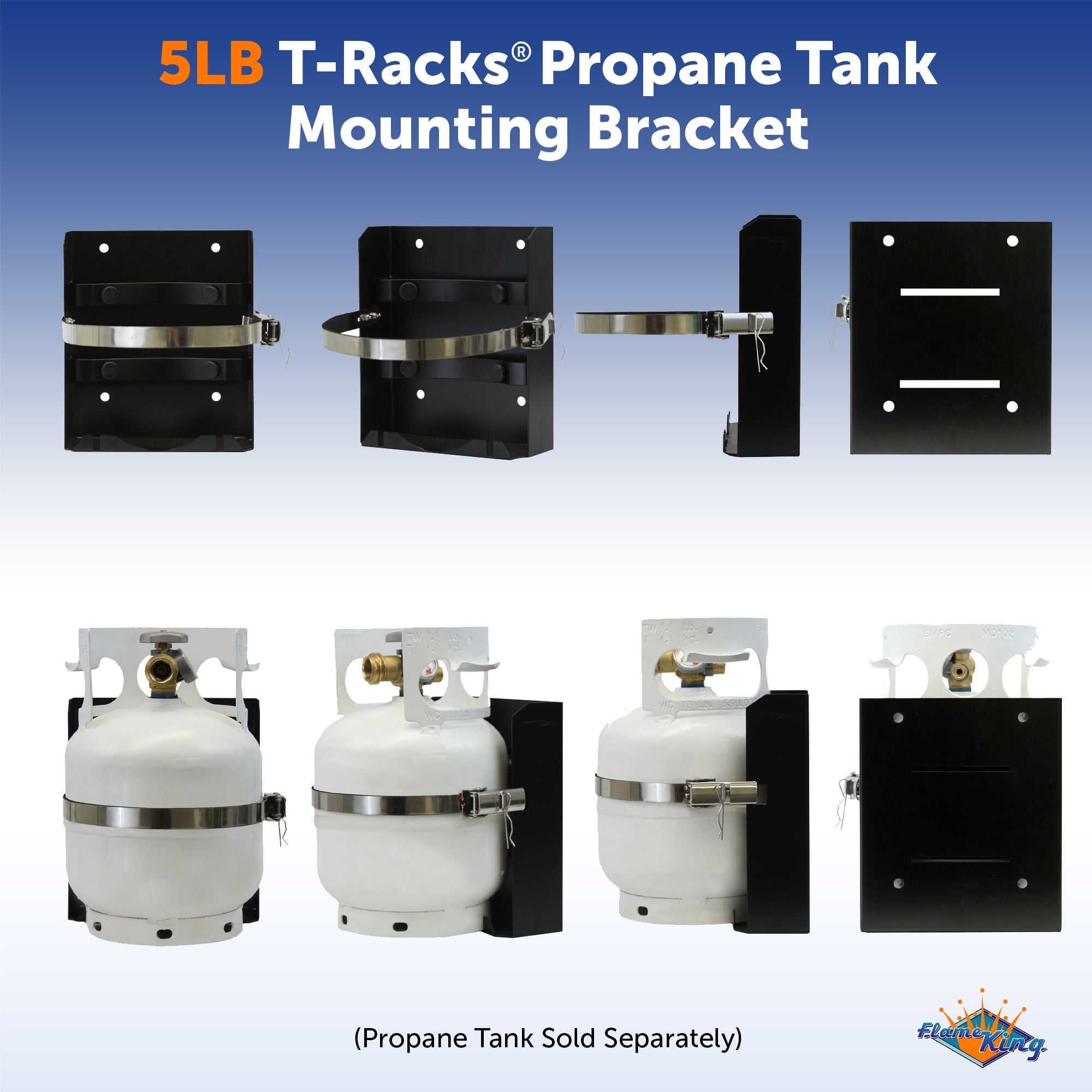 Flame King T-Racks for 5lb propane tank, sturdy mounting brackets for campervan and overland vehicle use.