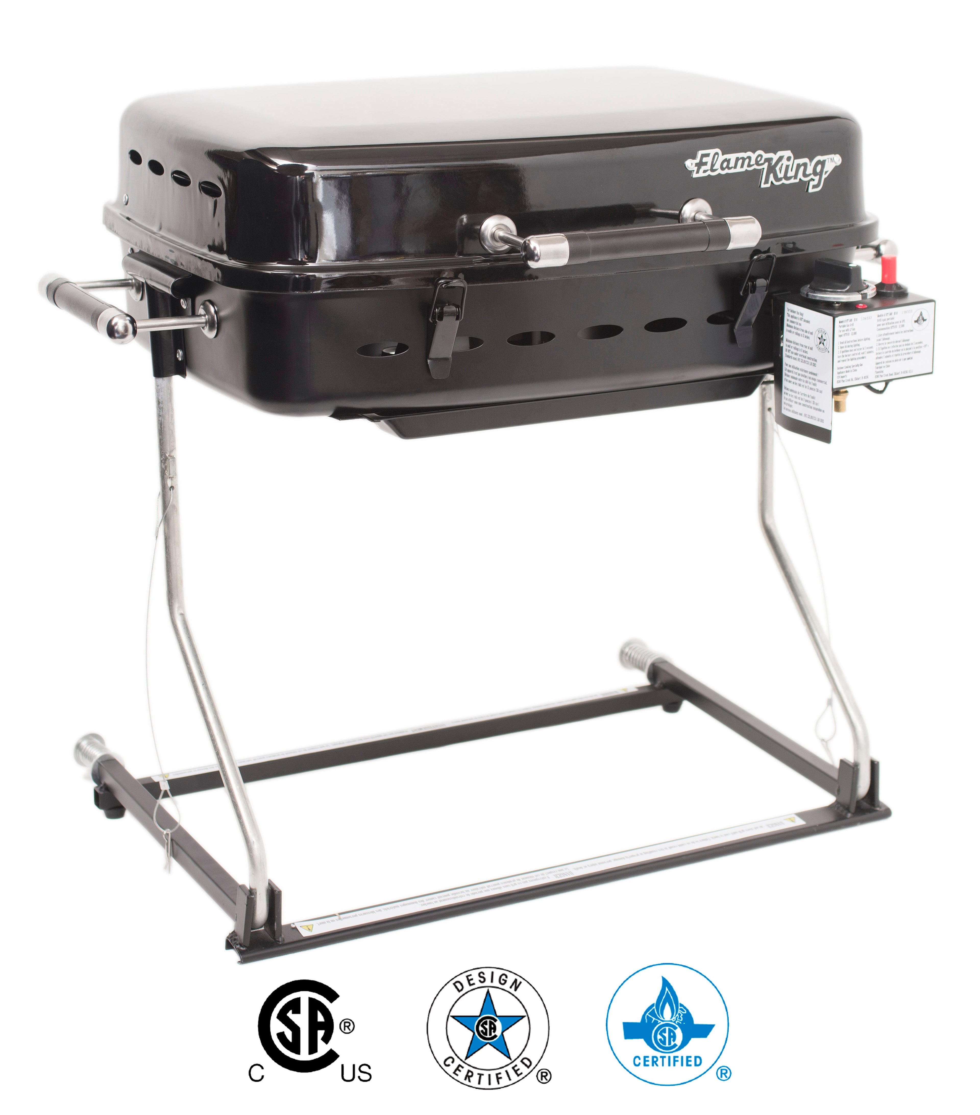 Flame King RV trailer mounted grill with carry bag, showcasing compact design and grilling surface for outdoor cooking.