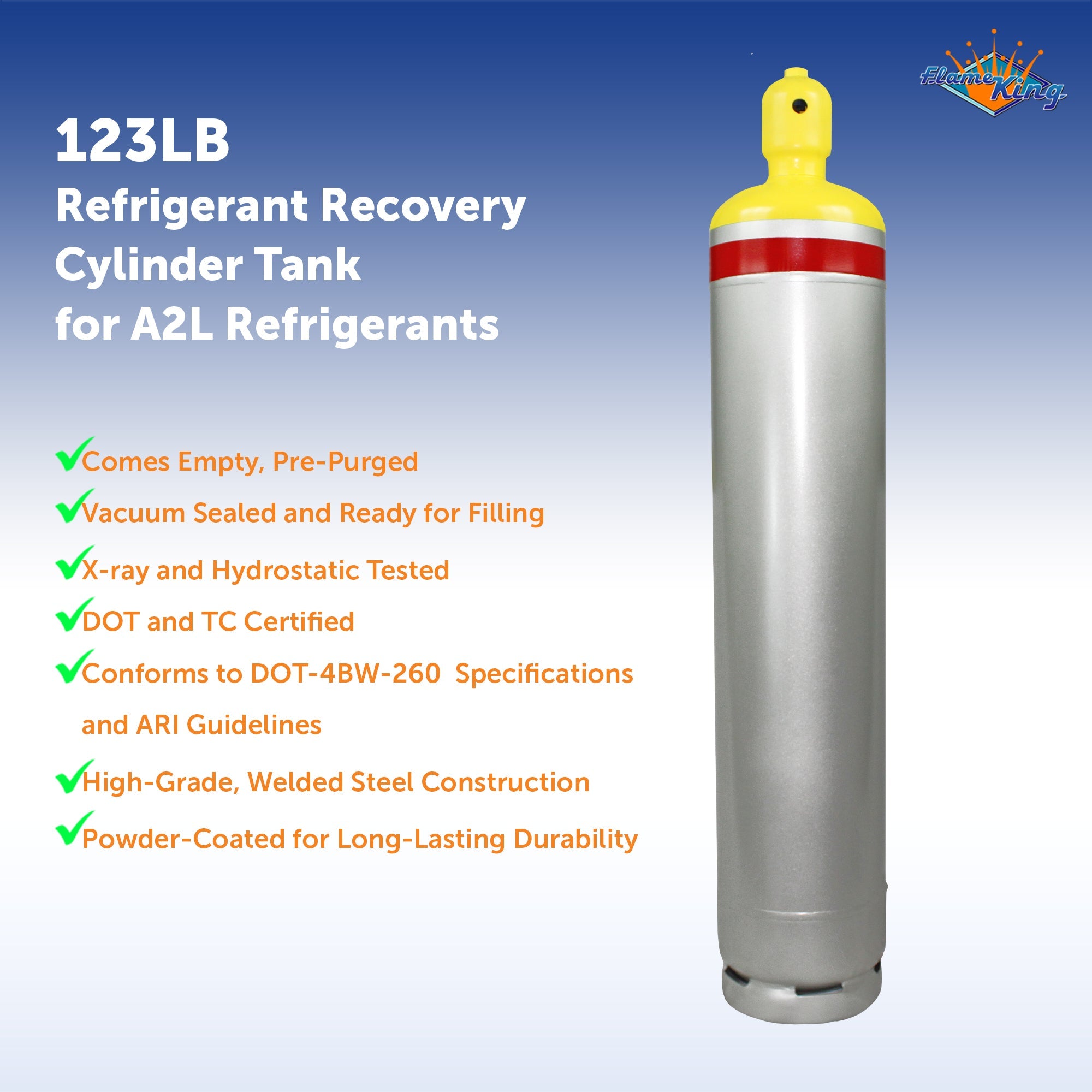 Flame King 123lb refrigerant cylinder tank with multi valve, designed for A2L refrigerants, showcasing its durable construction.