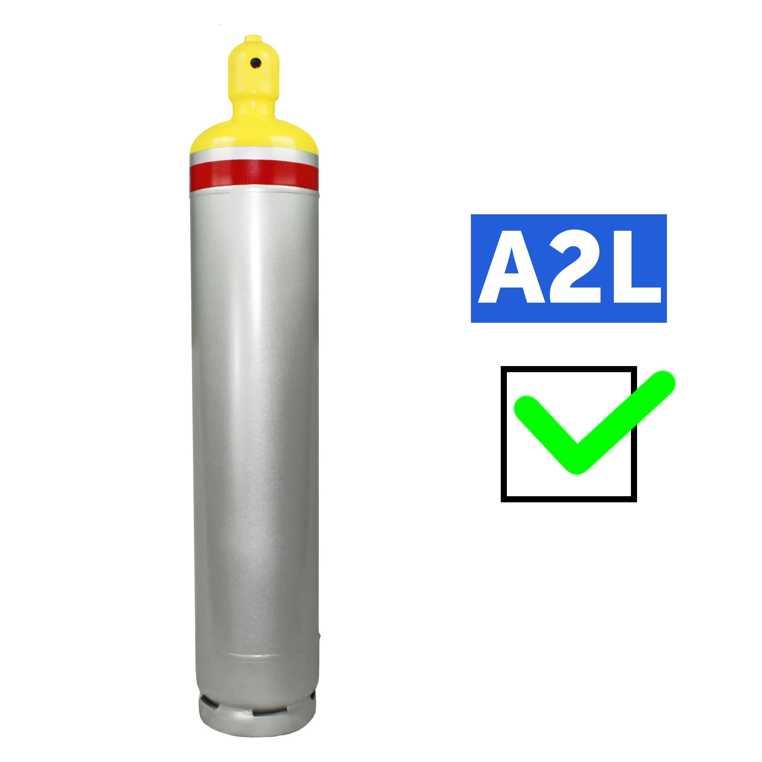 Flame King 123lb refrigerant cylinder tank with multi valve for A2L refrigerants, showcasing a sturdy metal design.