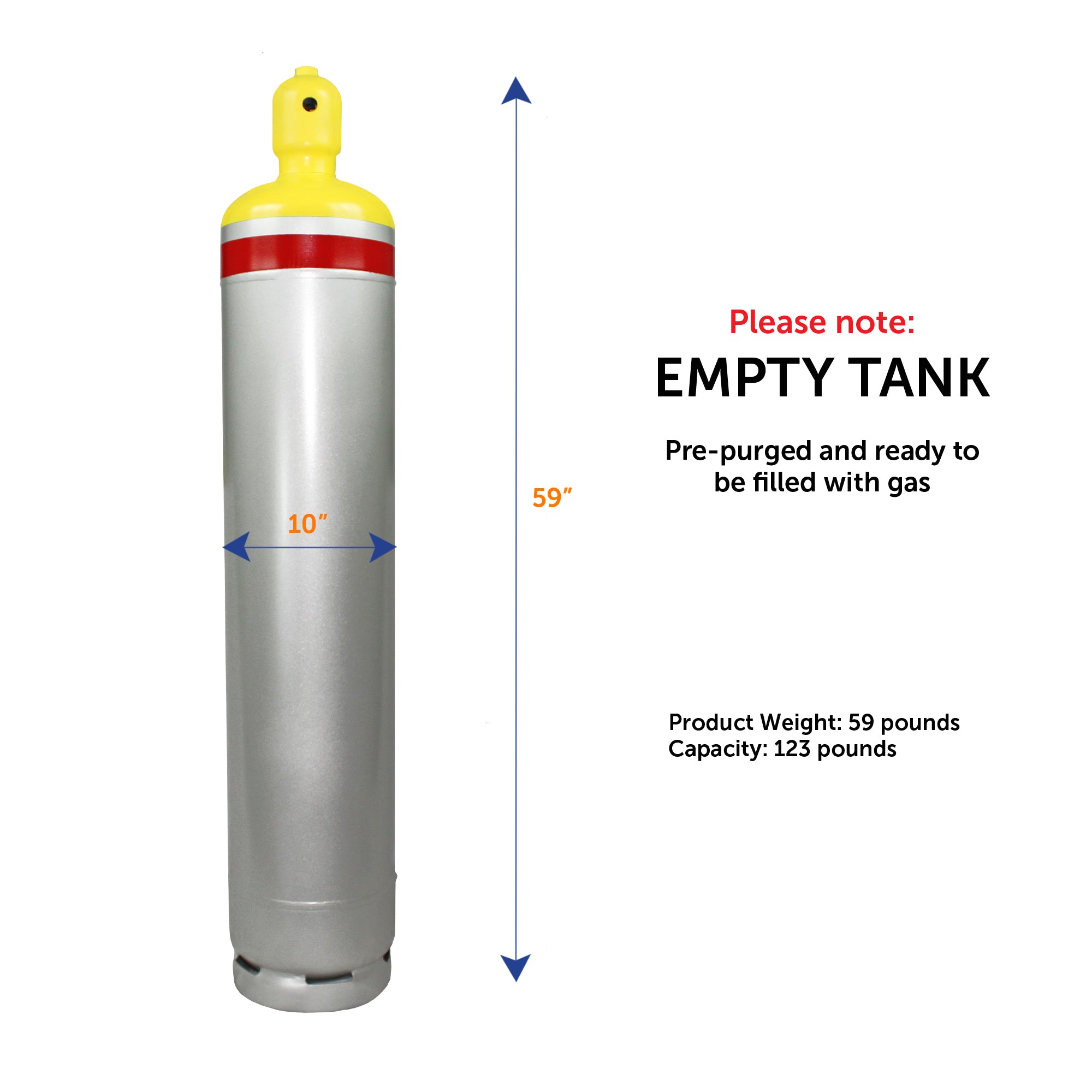 Flame King 123lb refrigerant cylinder tank with multi valve, designed for A2L refrigerants, showing sturdy build and labeling.