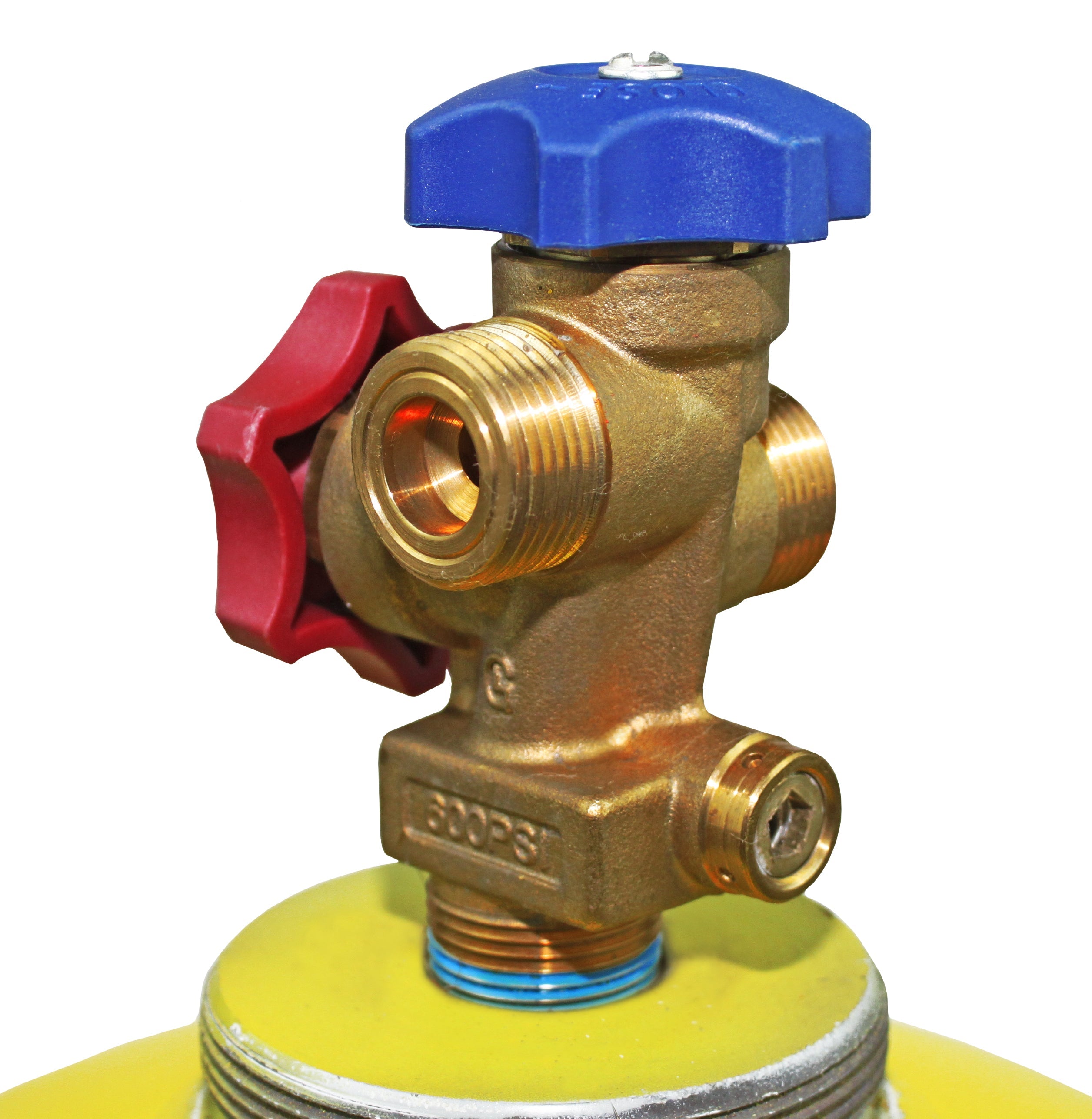Flame King 123lb refrigerant cylinder tank with multi valve, designed for A2L refrigerants, showcasing sturdy construction.