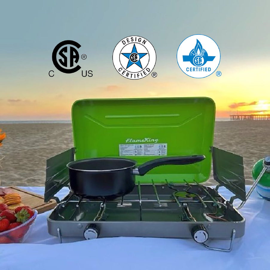 Flame King 2 burner portable propane gas camping stove grill with adjustable burners and sturdy design for outdoor cooking.