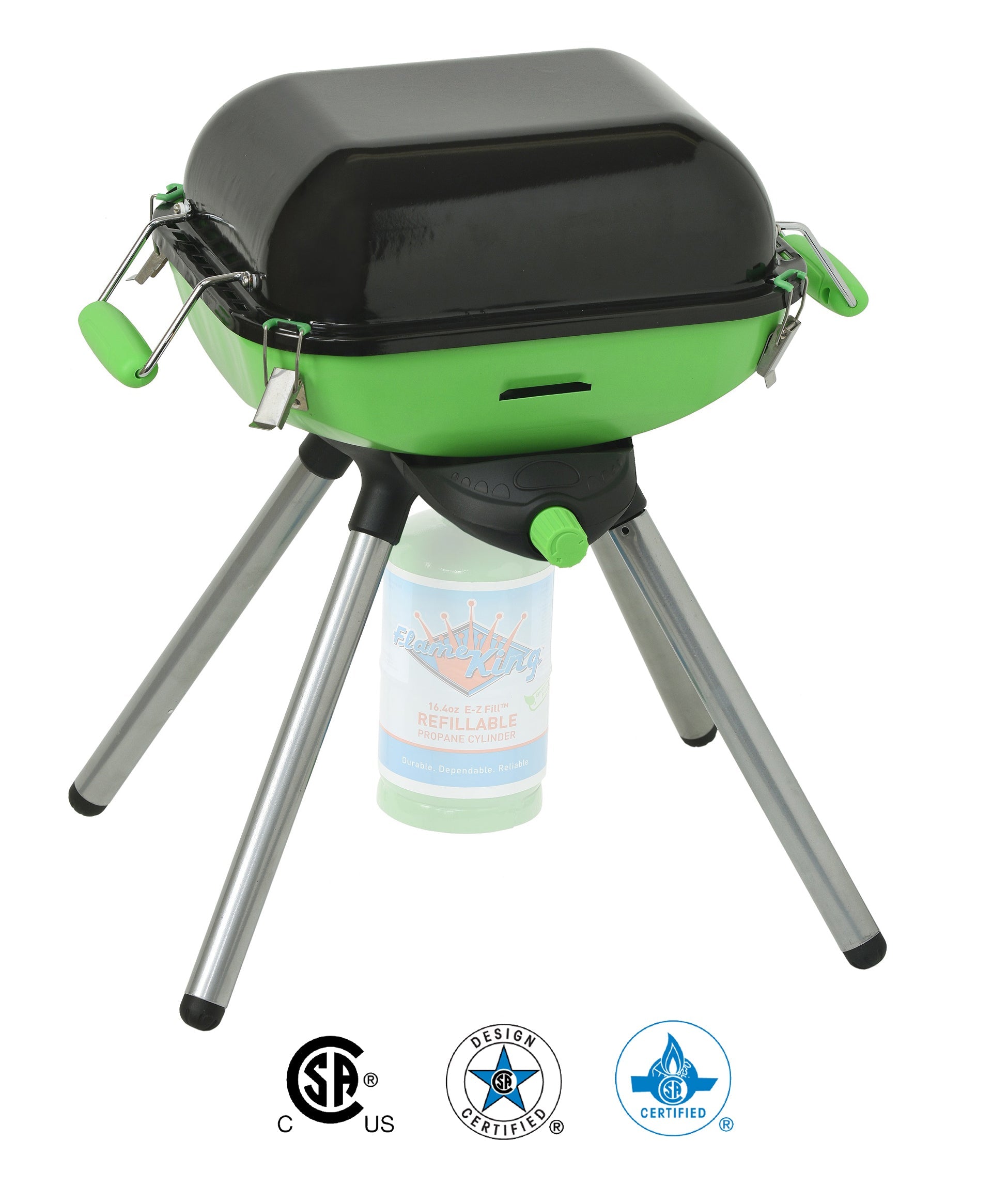 Flame King portable multi-function camping BBQ grill and stove with cooking surface and control knobs for outdoor camping cooking.