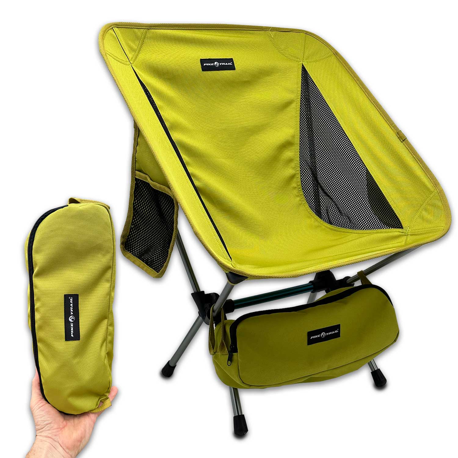 Yellow Pike Trail ultralight camping and beach chair with compact, foldable design for outdoor tailgate, festival, and beach use.