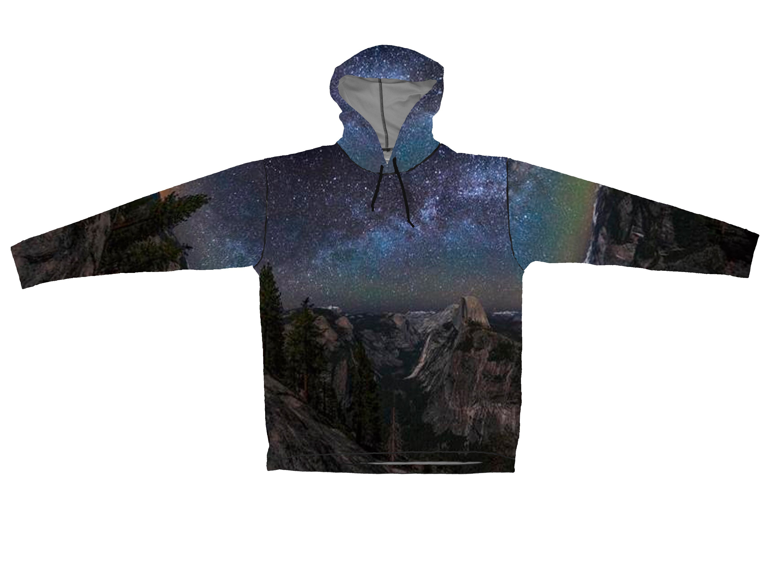 Yosemite Sun Protective Wildlife graphic hoodie by Cognito Brands, Inc., featuring a Milky Way and wilderness scene on a sunpro hoodie.