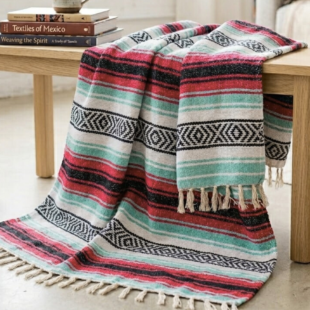 Seafoam Green & Coral Mexican Falsa Blanket - OVERLANDERS Outfitter