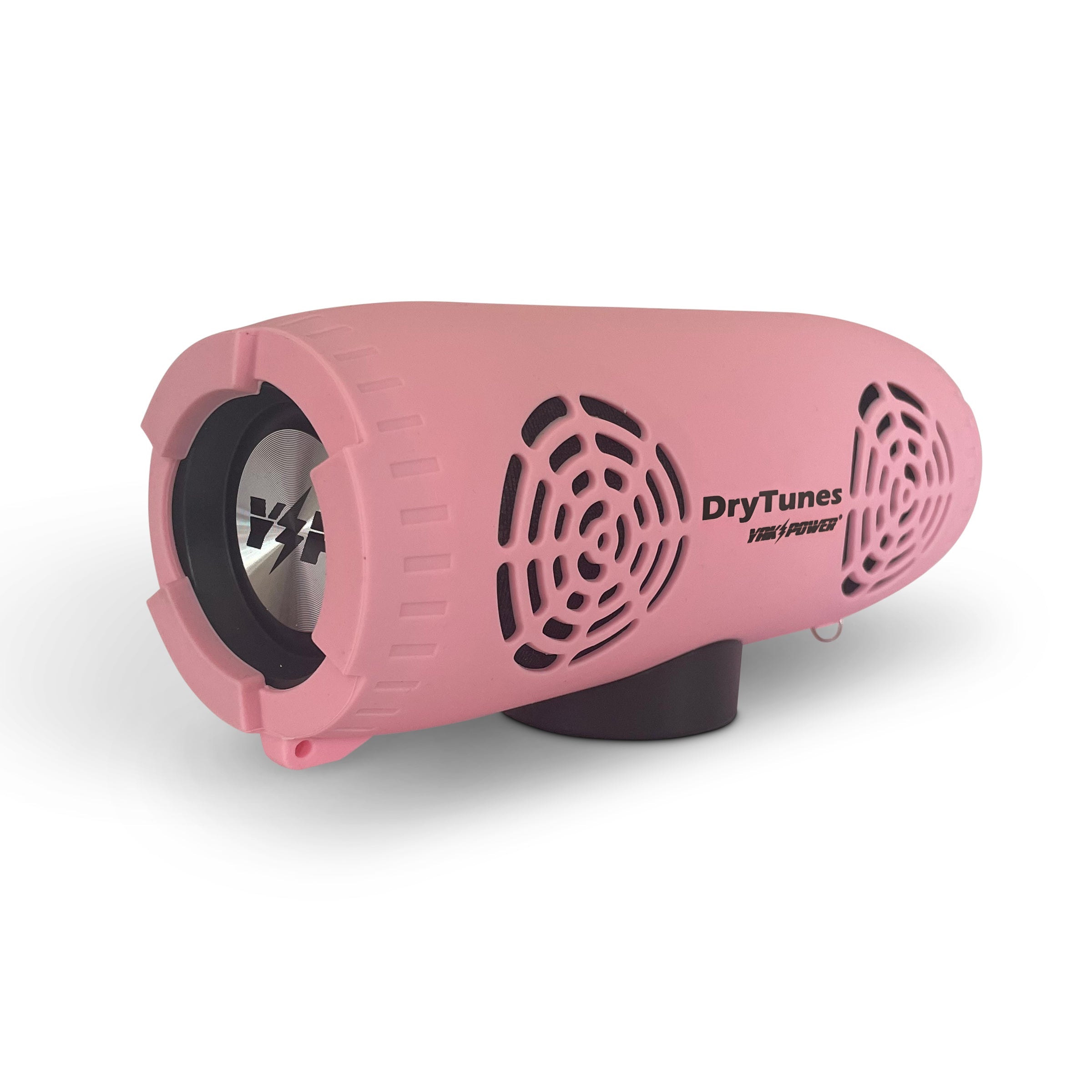 Yak Power DryTunes waterproof floating Bluetooth speaker shown outdoors, portable design with control buttons and rugged exterior.