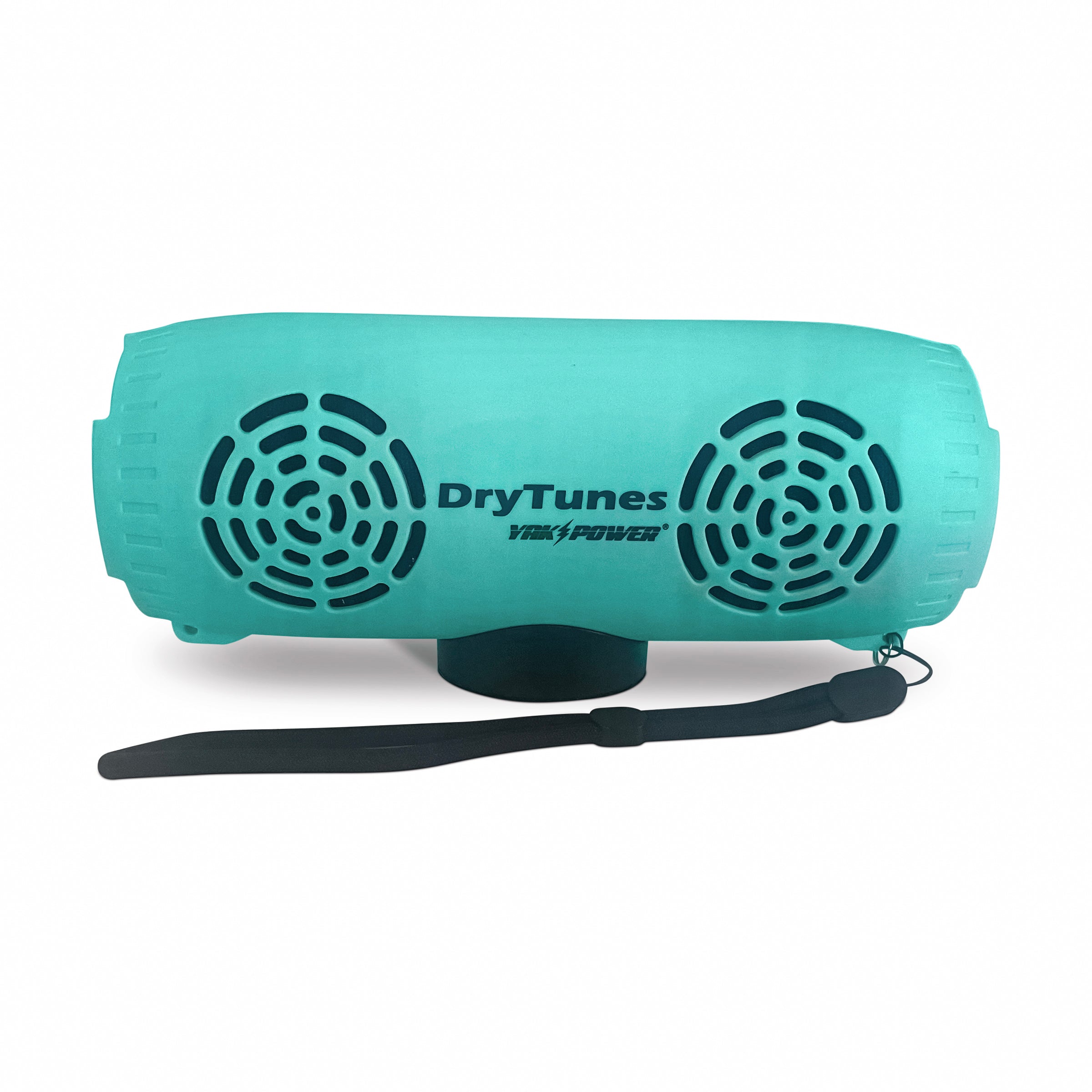 Yak Power Drytunes portable waterproof Bluetooth speaker floating in water, compact design with control buttons visible.