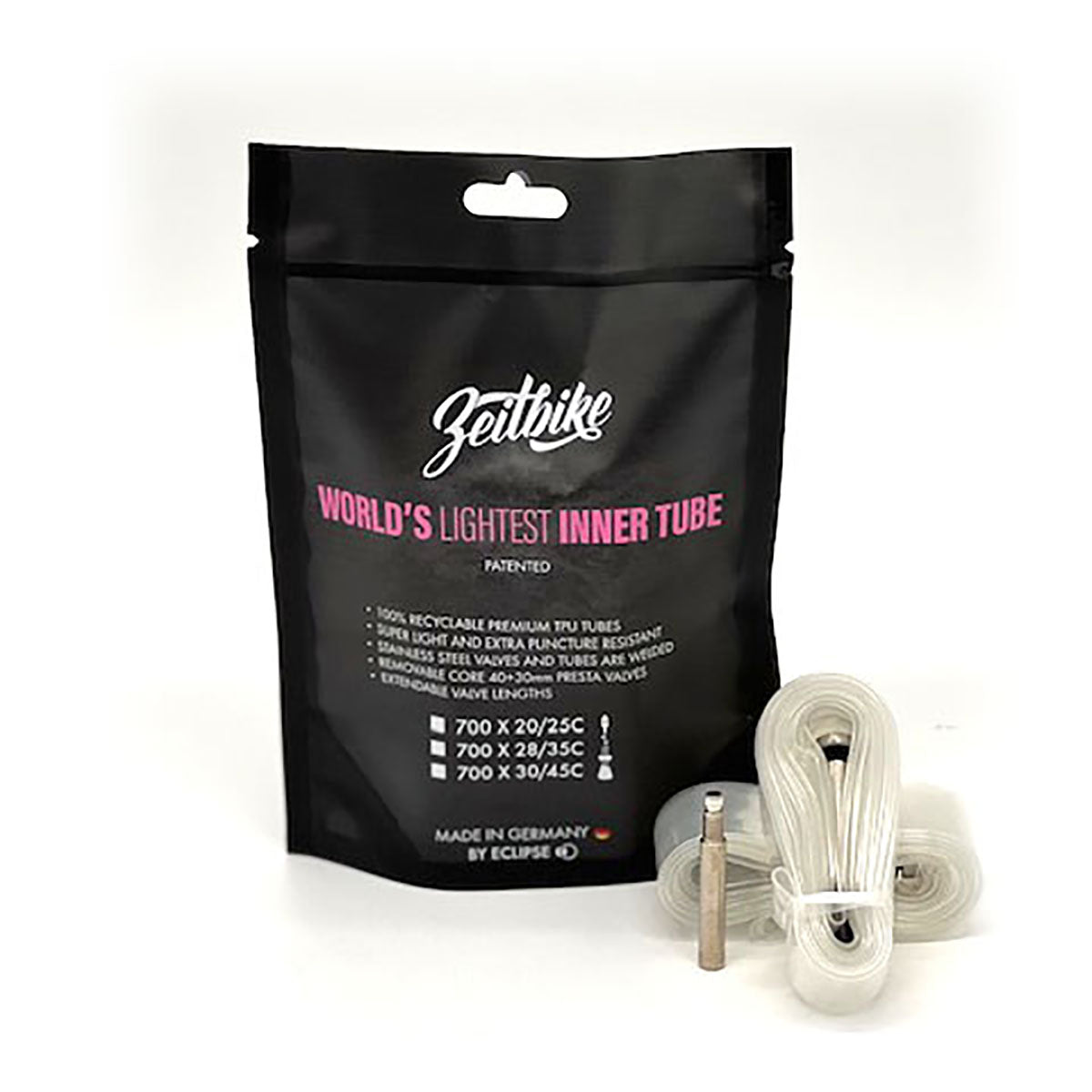 ZEITBIKE TPU inner tube for road, gravel, and MTB bikes with 40mm valve, includes patch kits and optional 30mm extender, double pack