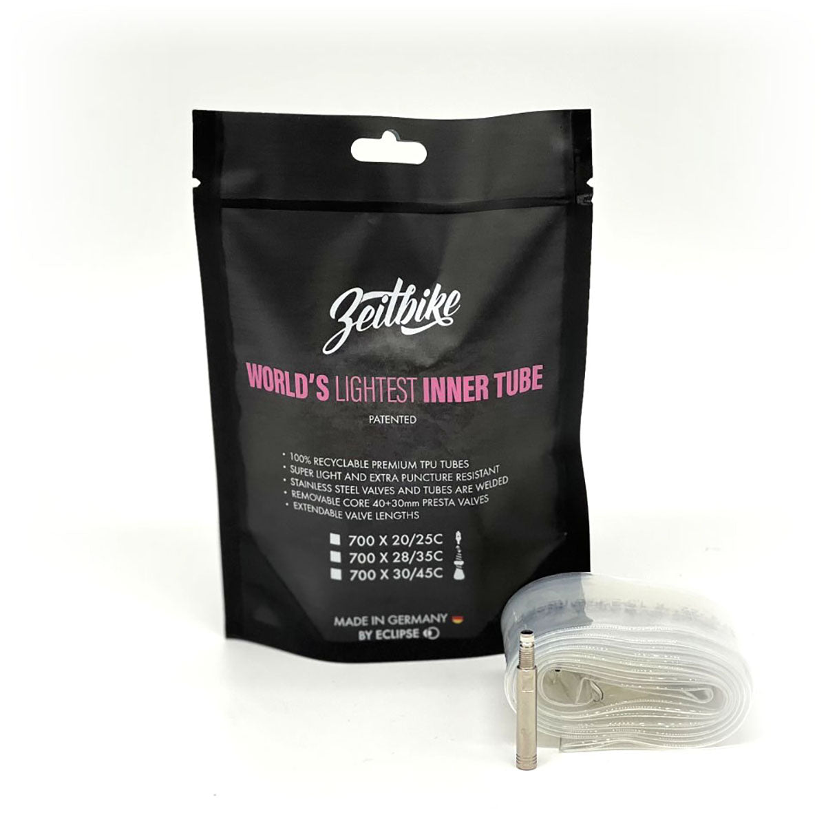 ZEITBIKE TPU bicycle inner tube for road, gravel, and MTB bikes with 40mm valve, available with extender and patch kits