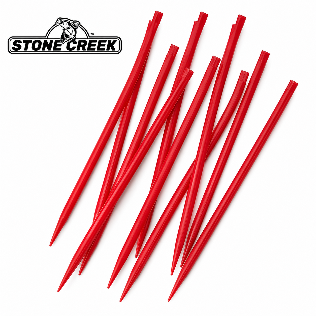 Stone Creek Outfitters teardrop fishing indicators with pegs, showing bright, curved indicators attached to fishing lines for bite detection.