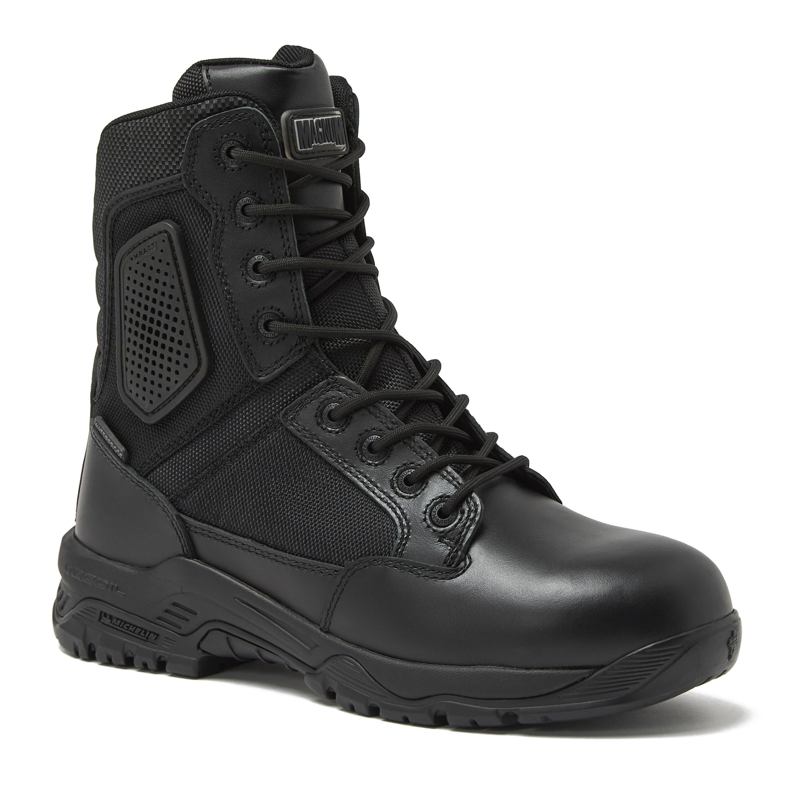 Magnum Boots STRIKE FORCE 8" waterproof boot showcasing durable leather and reinforced toe in black color.