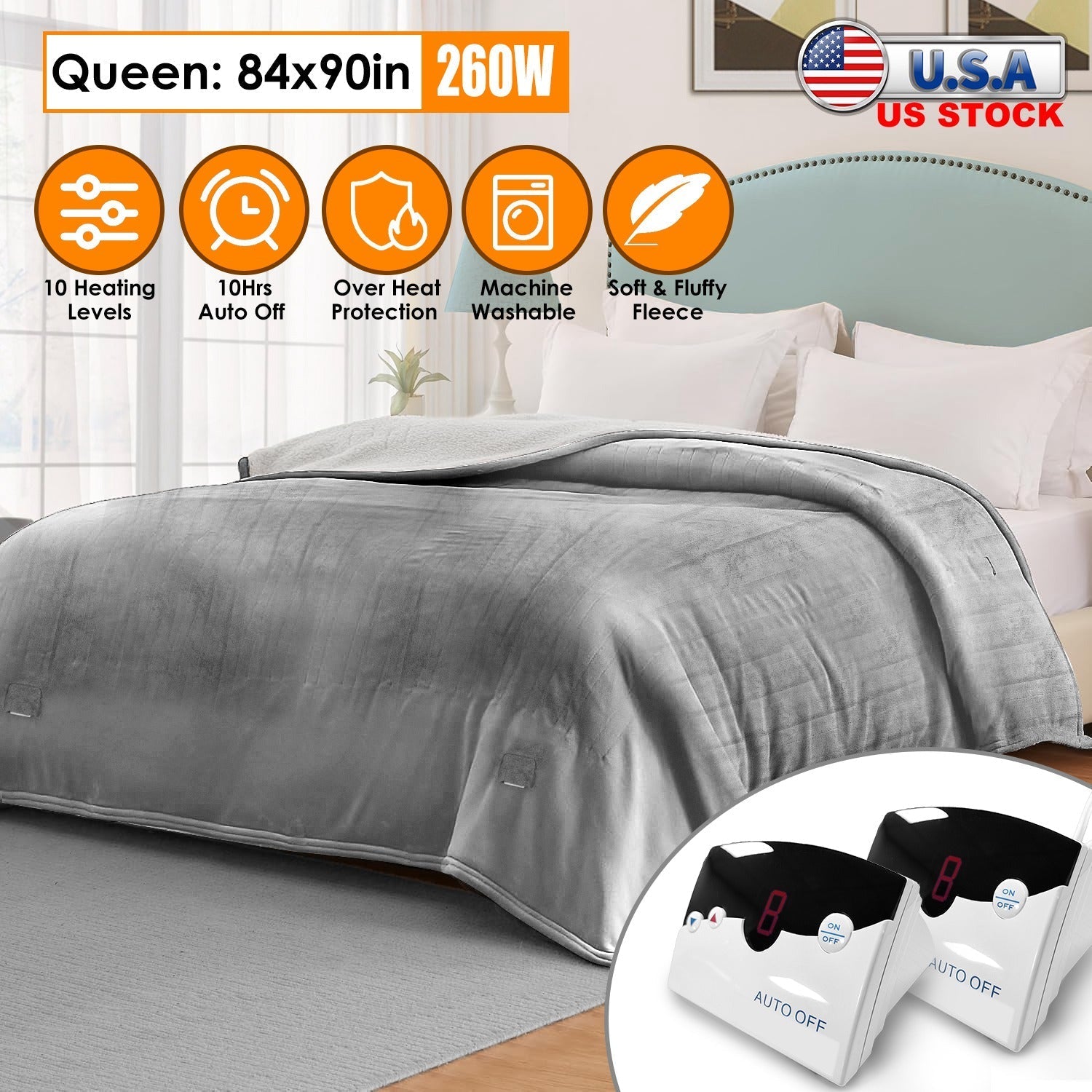 Electric Heated Queen Size Fleece Heated Blanket with Dual Controller 10 Heating Levels 10 Hours Auto Off Machine Washable for Home Office Usage 84x90 - OVERLANDERS Outfitter