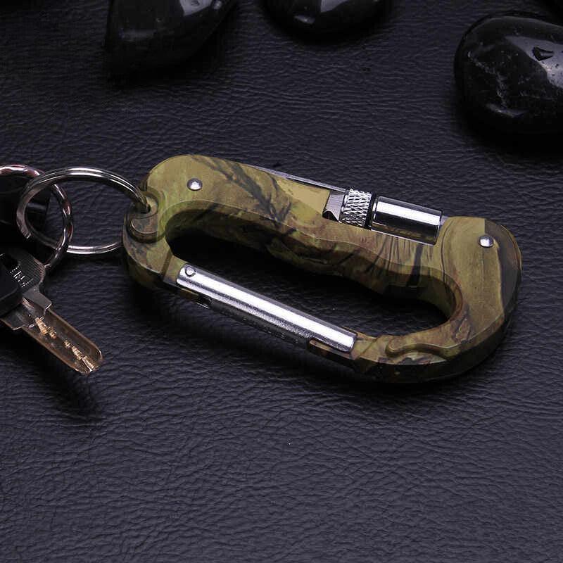 Camouflage multifunctional carabiner from Bean's Moto Booth, outdoor gear with clip and attachment points for camping or hiking.