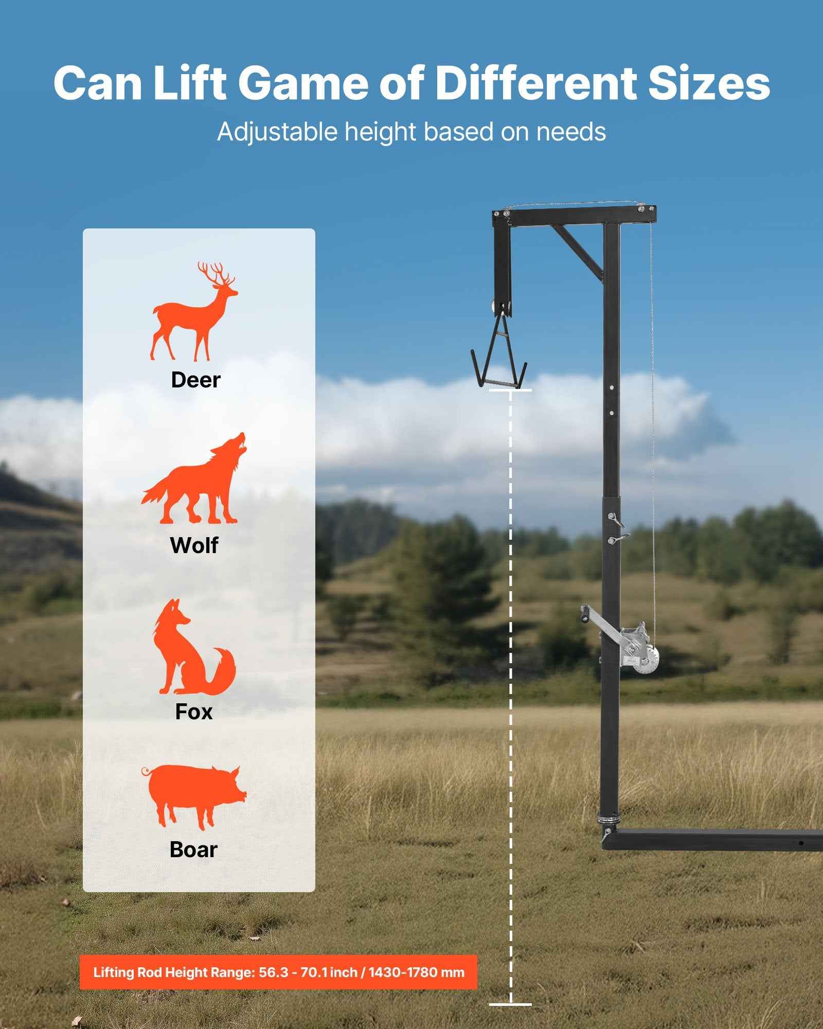 Truck Hitch Game Hoist, 300 Lbs Load Capacity, Hunting Deer Hoist With 2-inch Receiver, 360-Degree Swivel Shaft & Adjustable Height, Includes Gambrel Winch For Skinning & Cleaning Game - OVERLANDERS Outfitter