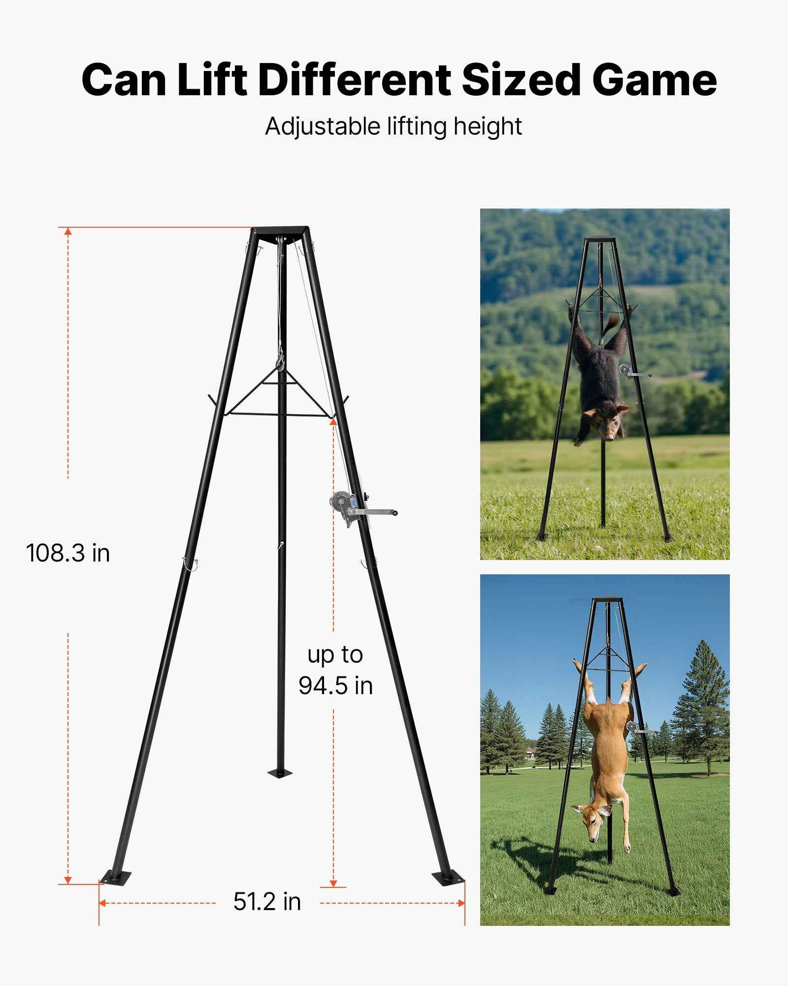 Tripod Deer Hoist, 500 Lbs Load Capacity, Hunting Game Hoist Winch Lift With Gambrel & Manual Winch, Hunting Game Skinning And Cleaning Accessory For Cleaning, Skinning, And Moving, Black - OVERLANDERS Outfitter