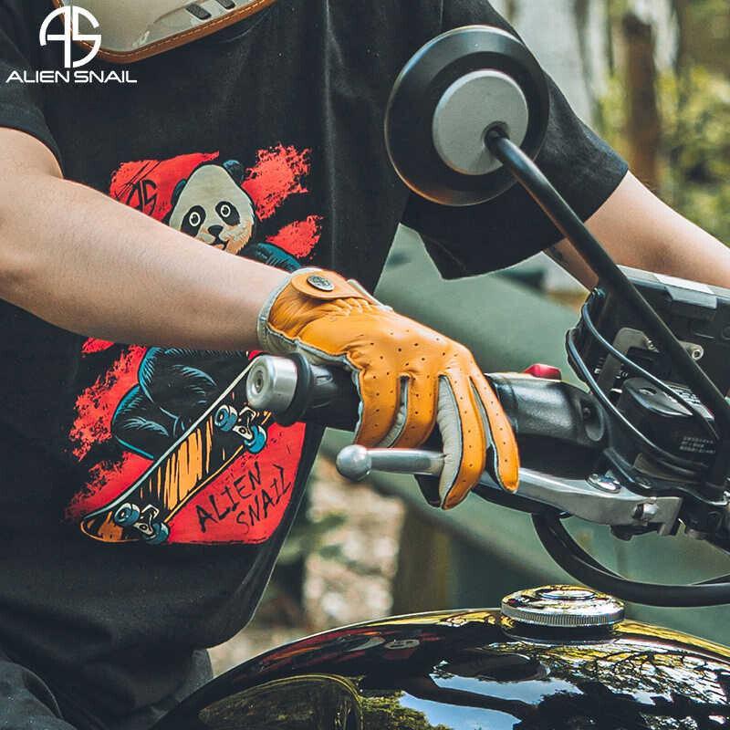 Bean's Moto Booth Alien Snail™ touchscreen-compatible sheepskin motorcycle gloves, close-up view showing soft leather and detailed stitching.