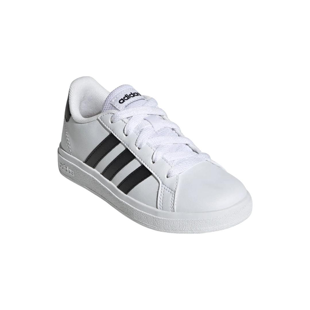 adidas kids' Grand Court 2.0 tennis shoes with white and navy design, featuring a durable rubber sole and classic athletic style