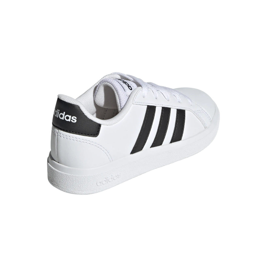 adidas kids' Grand Court 2.0 tennis shoes in white with blue accents, featuring durable rubber soles and classic sporty design