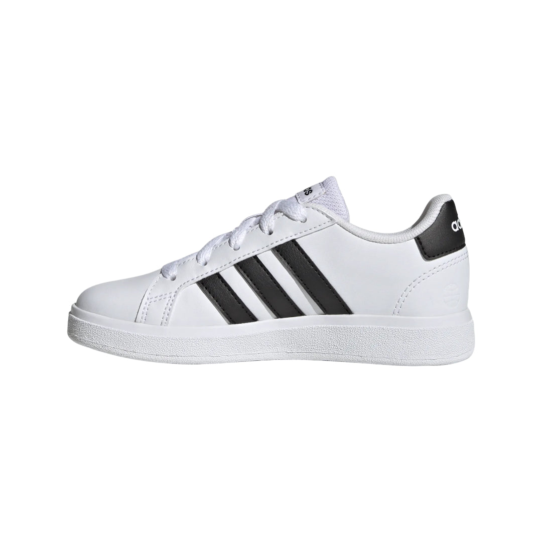 Runwalk adidas kid's Grand Court 2.0 tennis shoes with white and navy design, featuring supportive sole and classic adidas style.