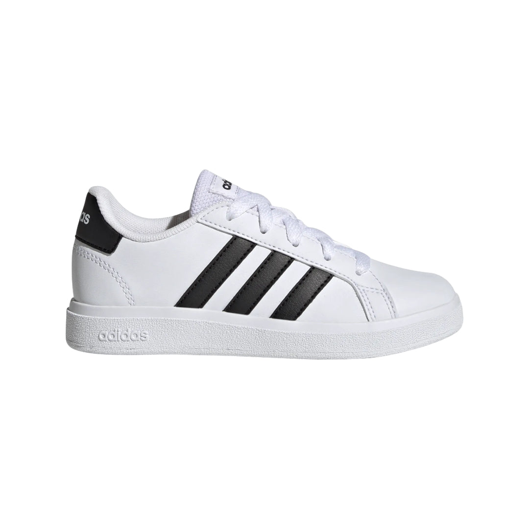 Runwalk kids' Adidas Grand Court 2.0 tennis shoes with white and navy design, featuring durable sole and sporty style.