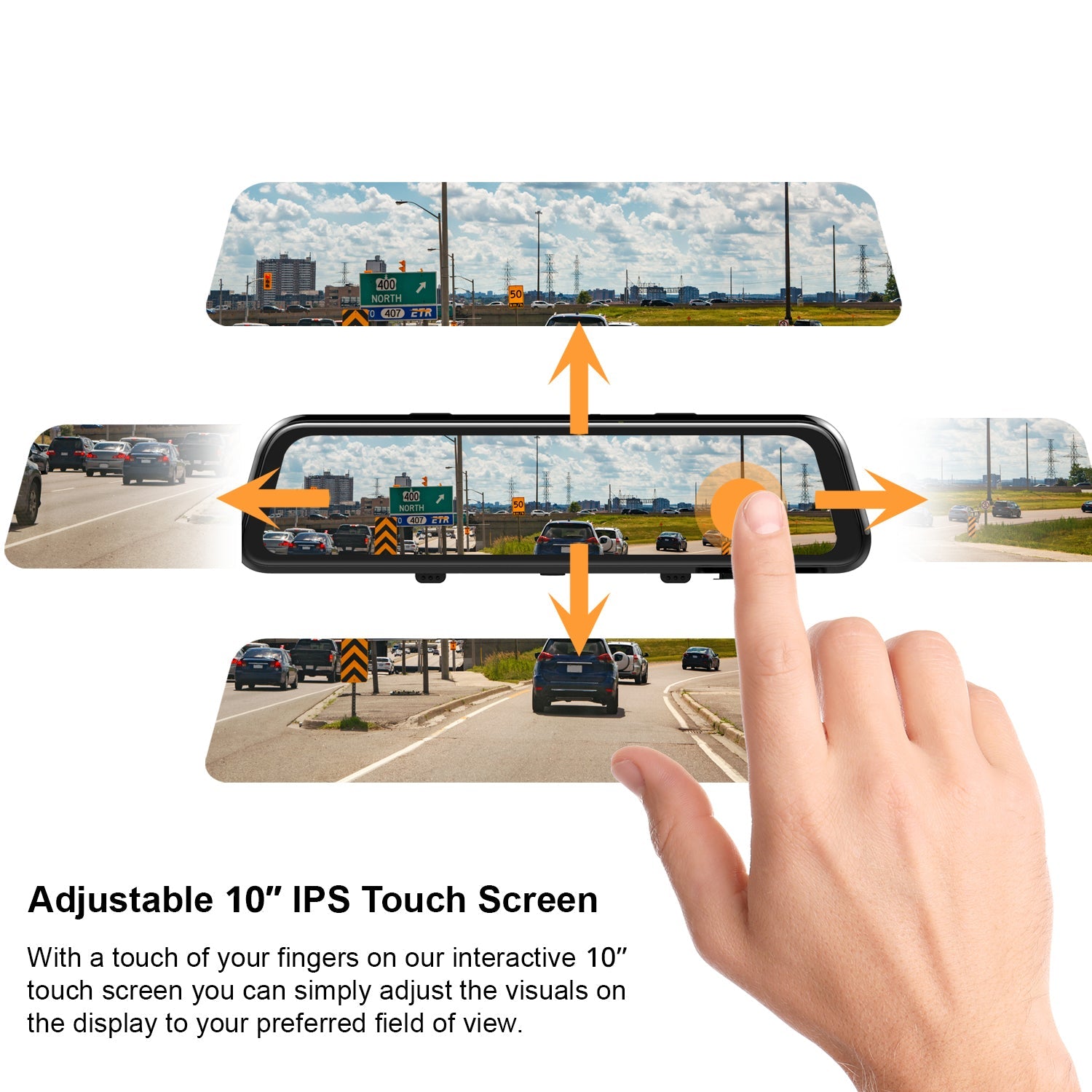 Rexing M1 Pro 2K dual mirror dash cam with adjustable screen showing front and rear cameras in a vehicle interior.