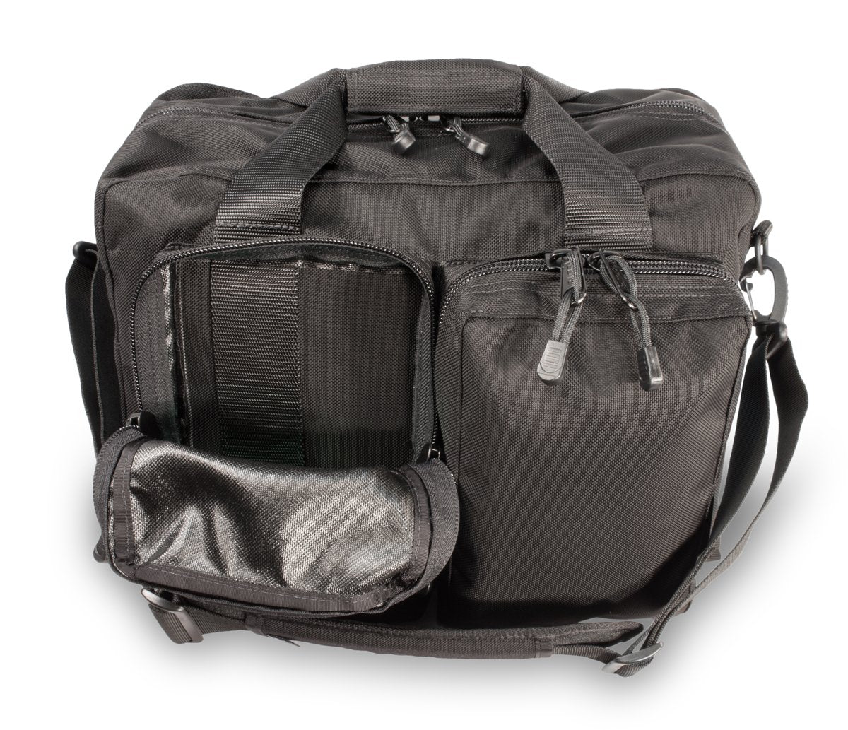 Elite Survival Systems Deluxe Overnight Bag, a durable black luggage with handles and zipper closure for travel and overnight trips.