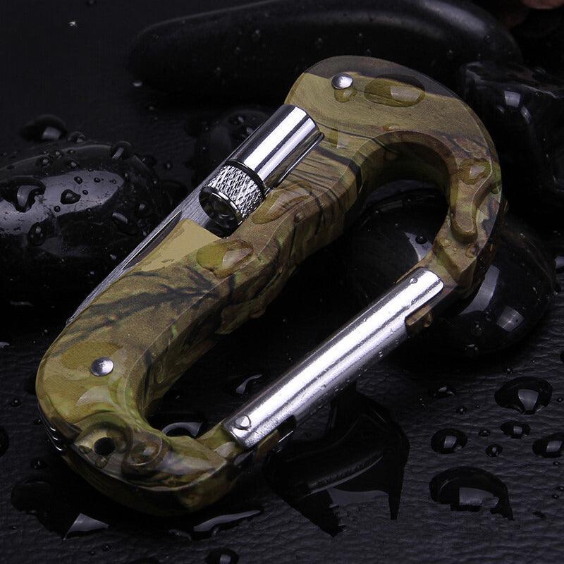 Outdoor camouflage multifunctional carabiner by Bean's Moto Booth with durable metal construction and versatile design for camping and outdoor use.