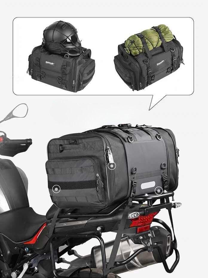 Rhinowalk™ motorcycle touring tail bag from Bean's Moto Booth, black motorcycle bag with straps for secure riding.