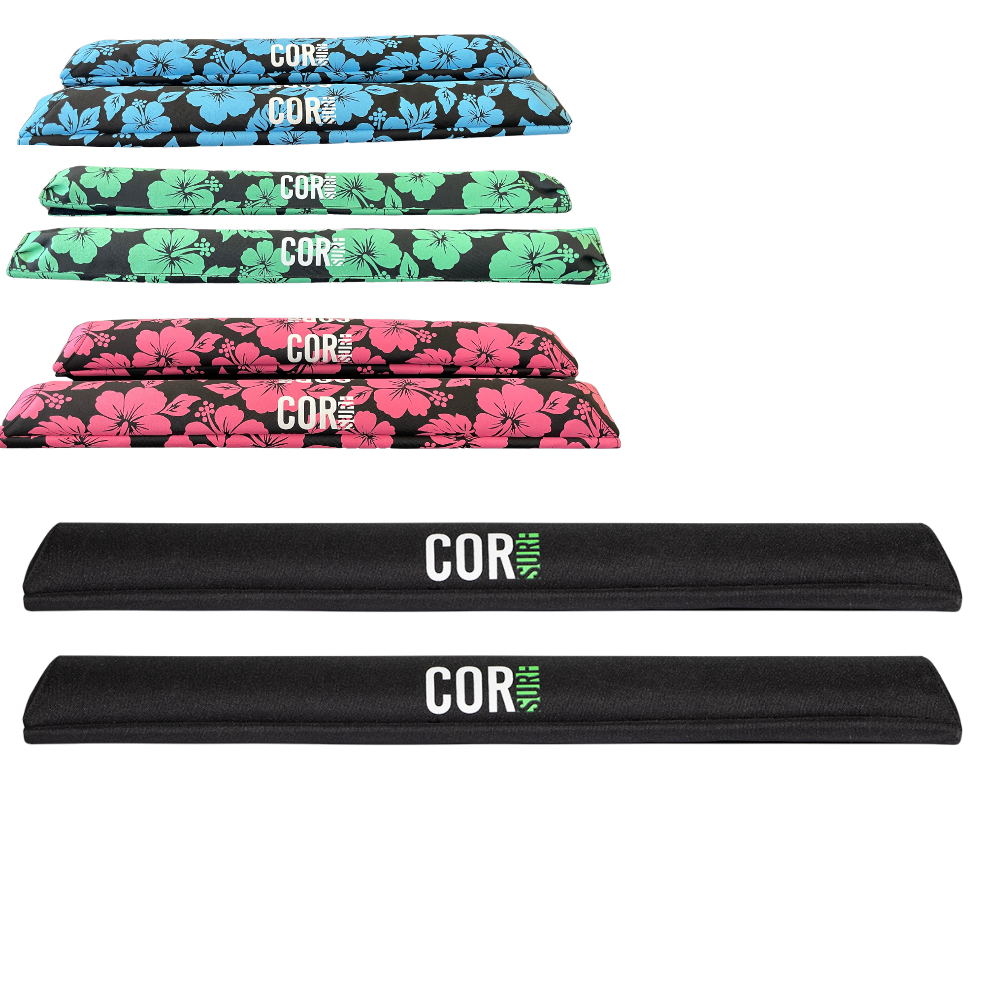 COR Surf Aero Roof Rack Pads in 28" and 19" sizes, designed for narrow flat bars, shown on a vehicle roof for accessory protection.