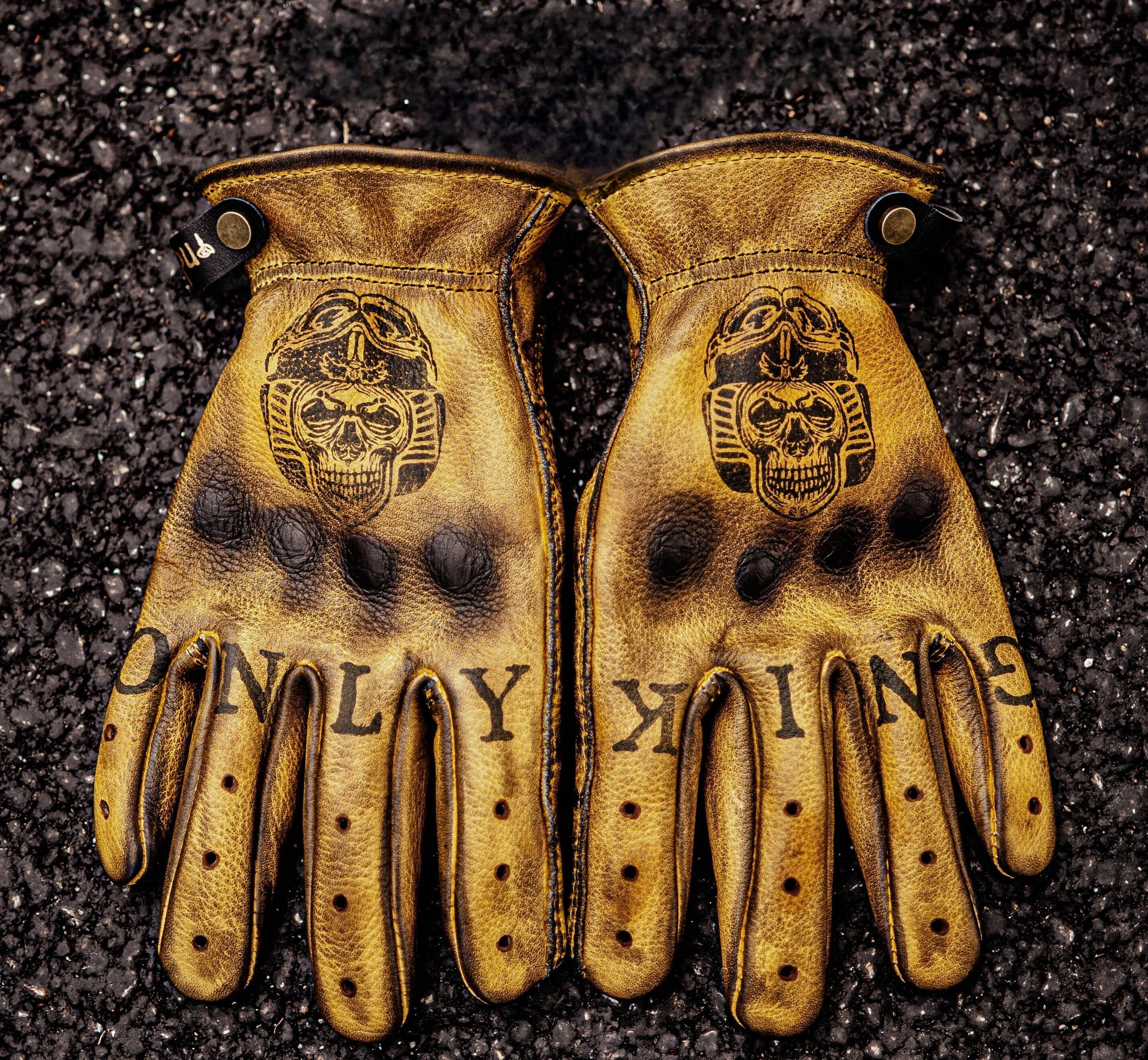 Indian Monkey™ handcrafted AAA cowhide motorcycle gloves with reinforced knuckles and detailed stitching, designed for durability and style.
