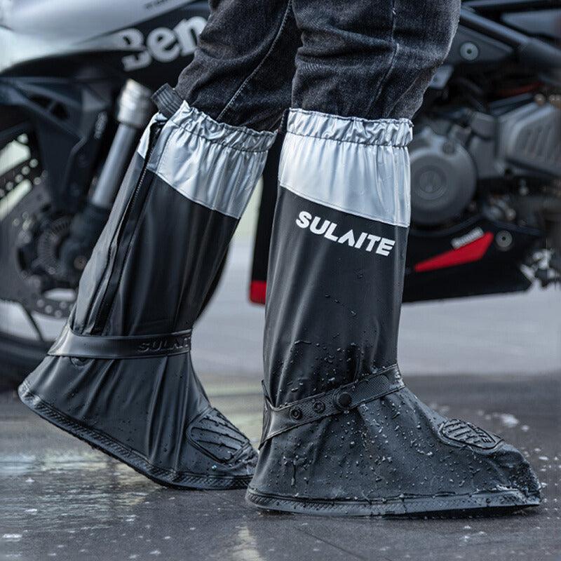 Bean's Moto Booth SULAITE™ motorcycle rain shoe covers for protective gear, shown on a pair of motorcycle shoes in outdoor setting.