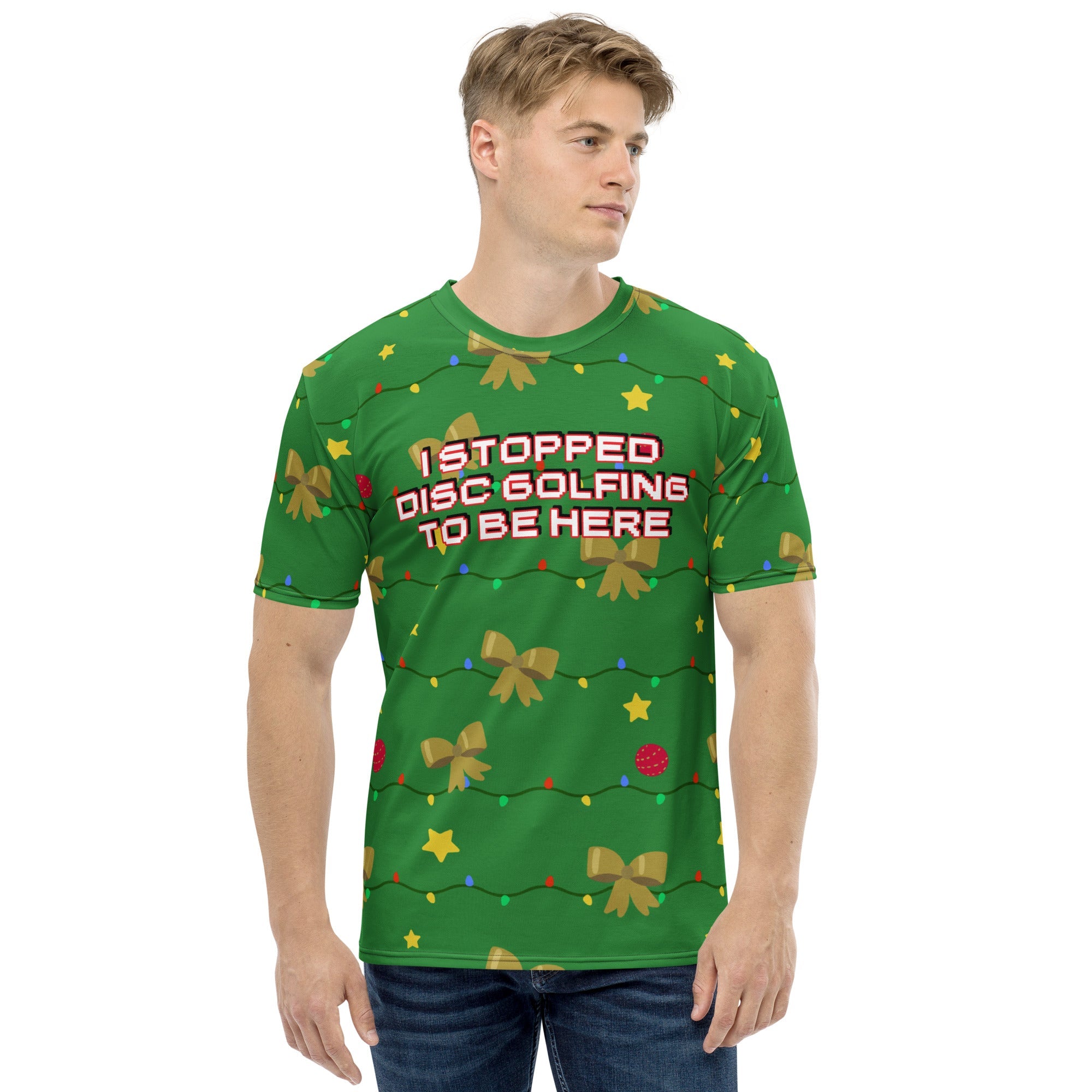 White men's cut-sew crew neck t-shirt by Dojo Designs with all-over print, front view showing vibrant design details.
