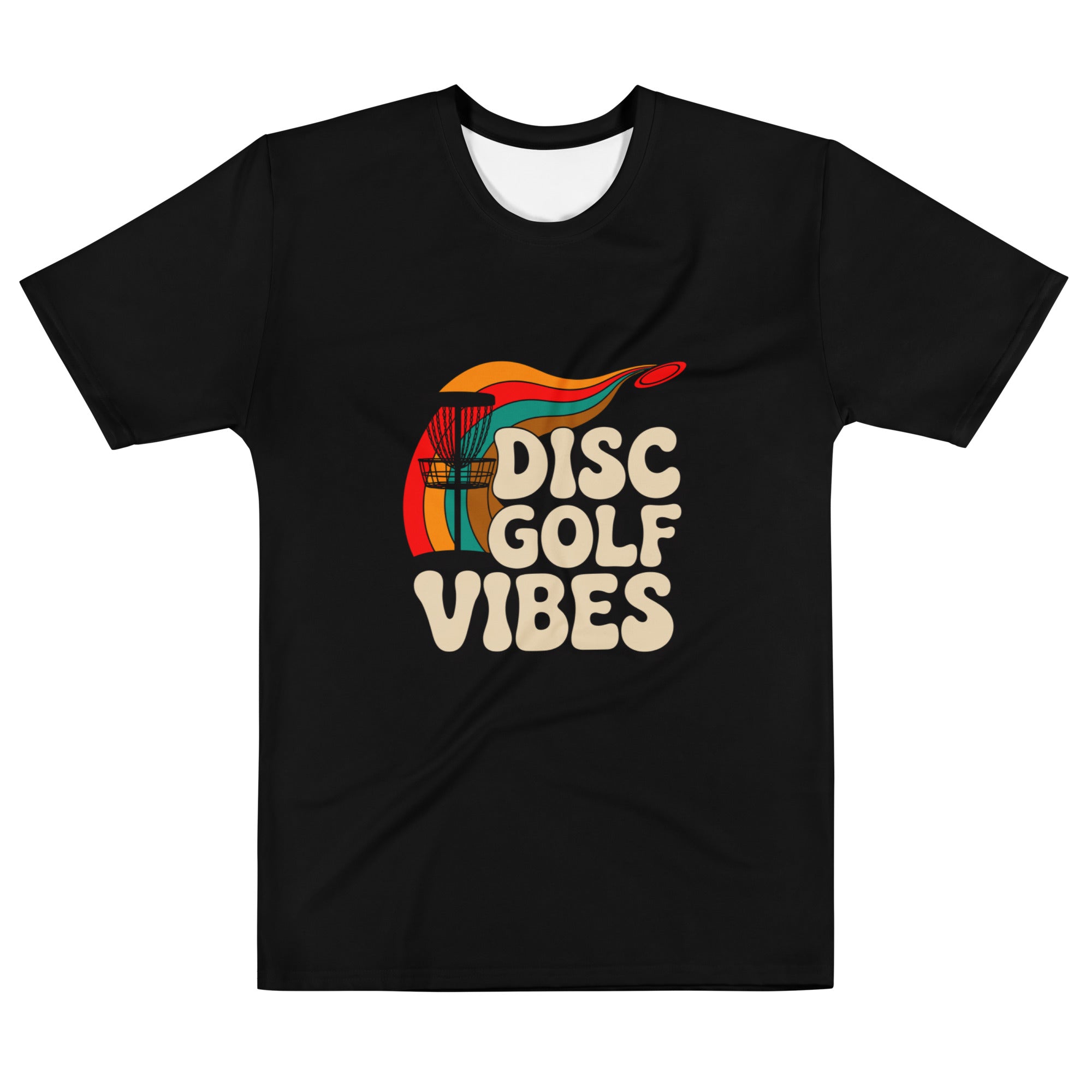 White men's Disc Golf Vibes T-shirt by Dojo Designs featuring all-over-print crew neck design.