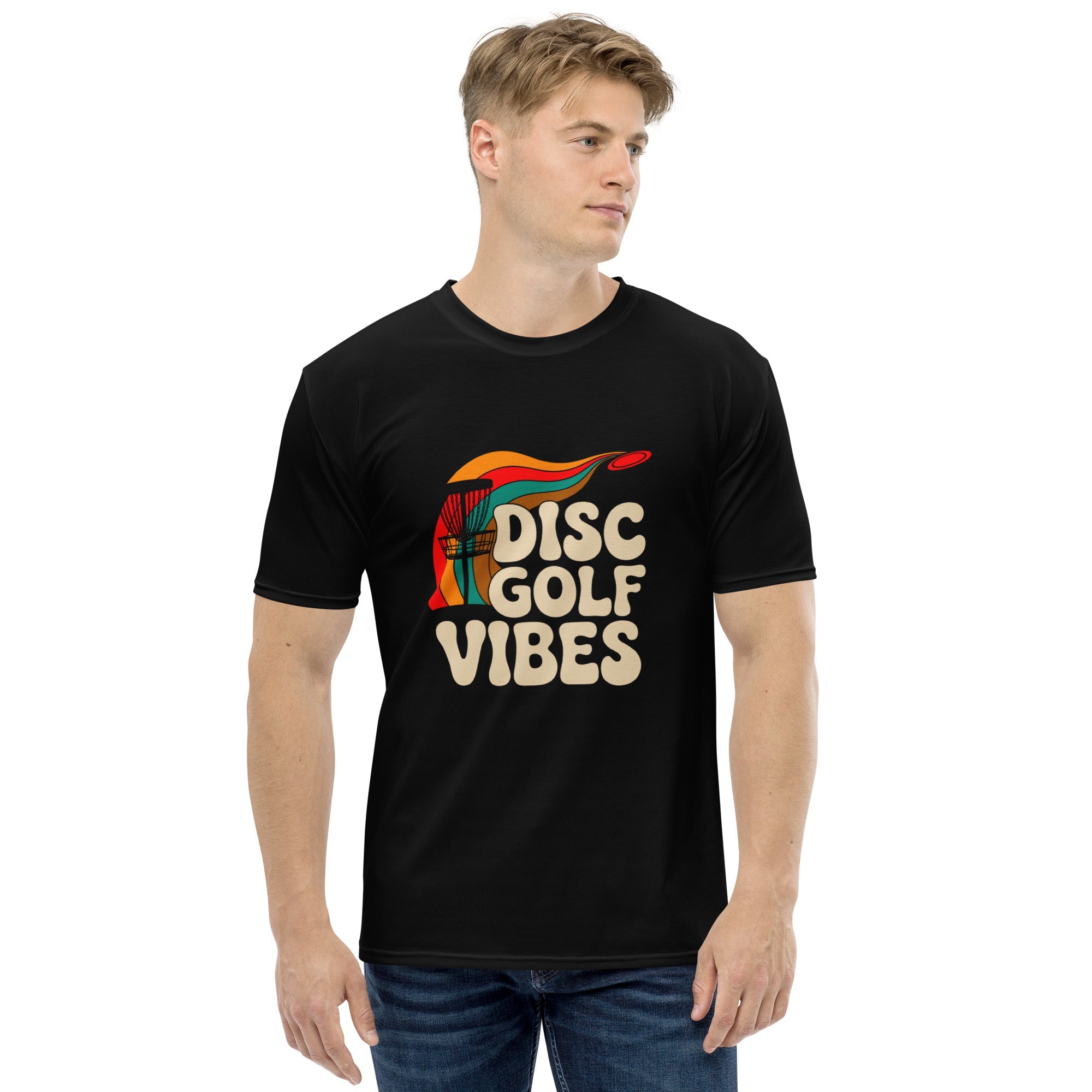 White Disc Golf Vibes T-Shirt by Dojo Designs, all-over print crew neck tee featuring disc golf graphics on the front.