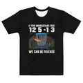 White men's crew neck T-shirt by Dojo Designs featuring an all-over print design on the front, made from cut-sew fabric.