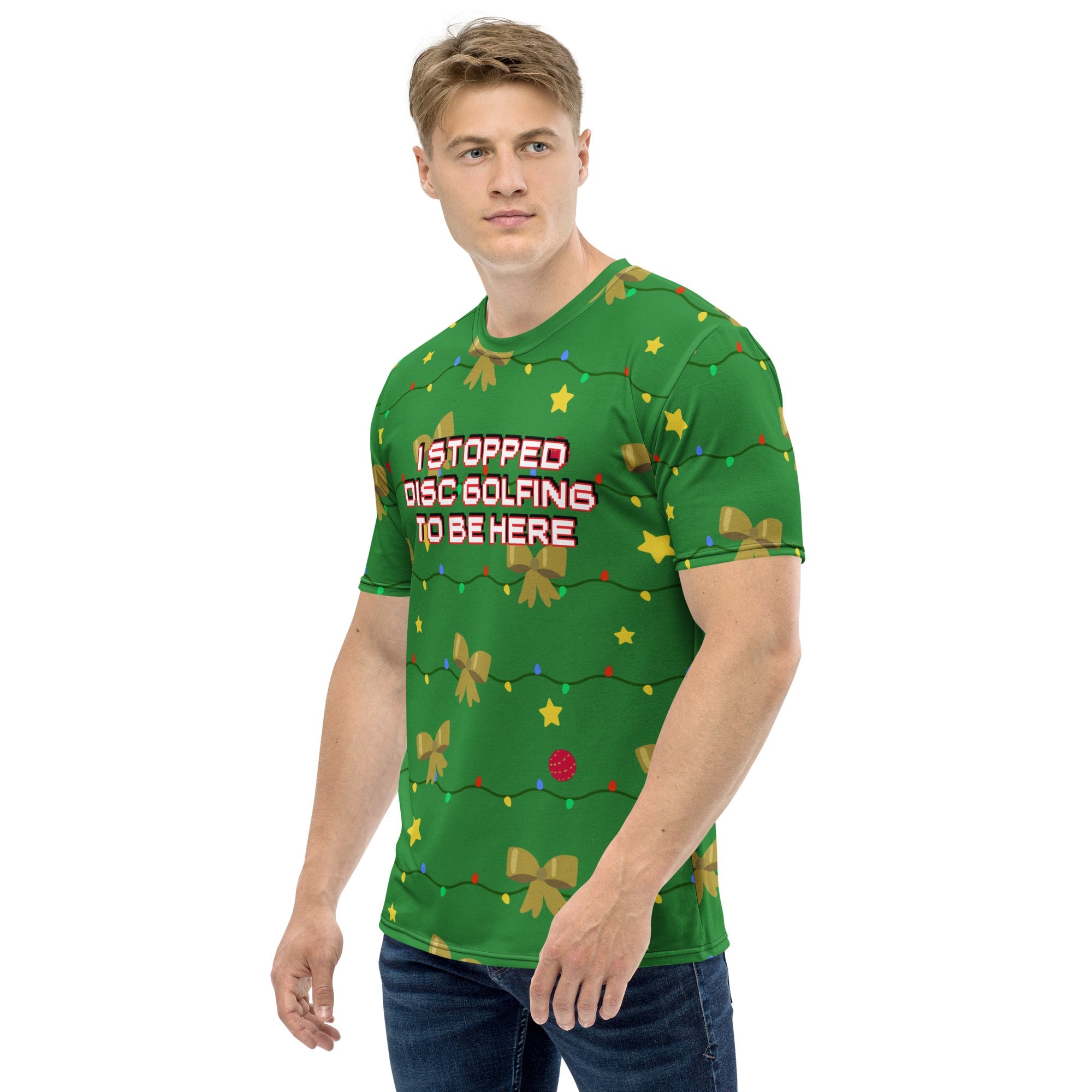 Men's white crew-neck T-shirt by Dojo Designs with all-over colorful print, casual cut-sew style, front view.