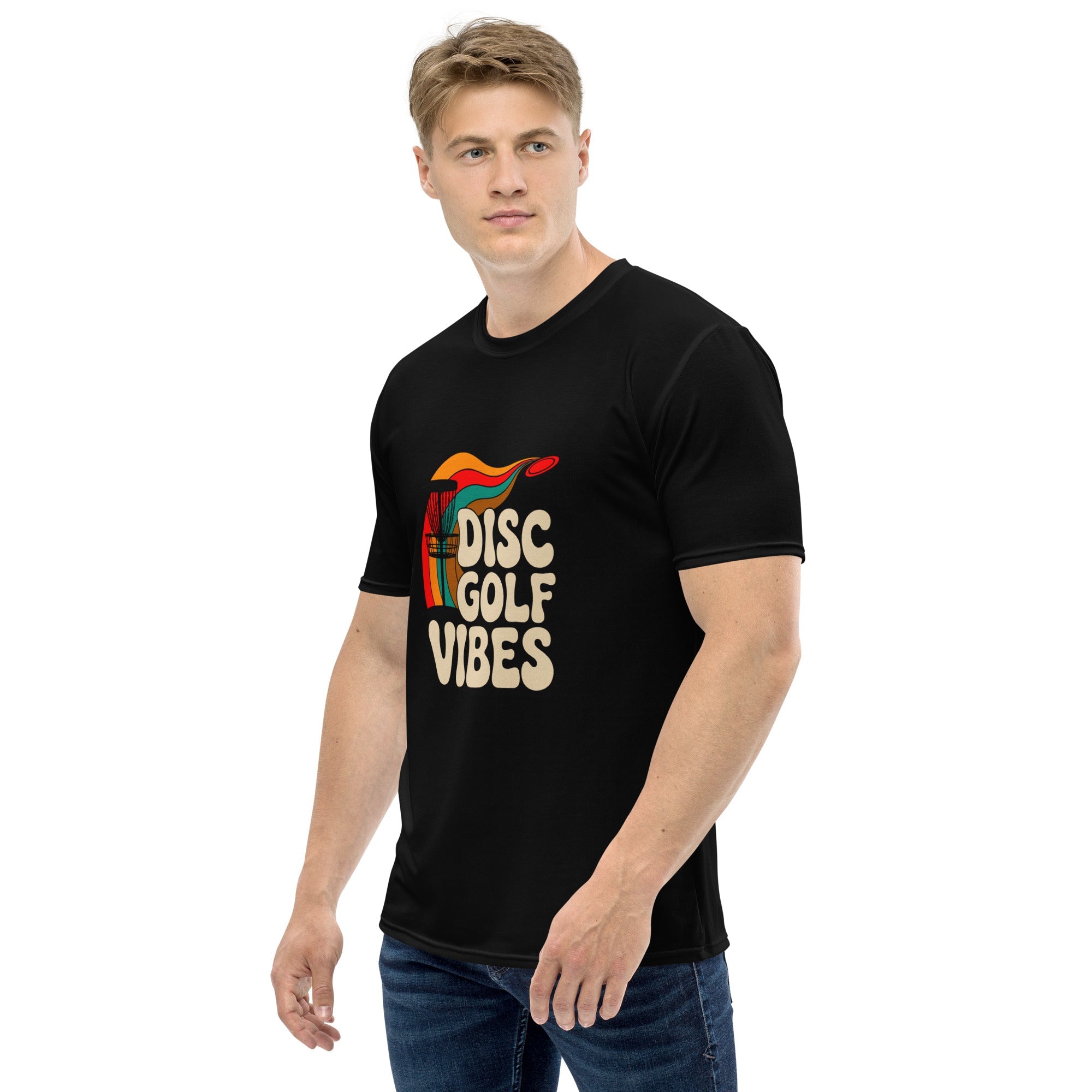 White men's Disc Golf Vibes T-shirt by Dojo Designs featuring all-over print and crew neck style.