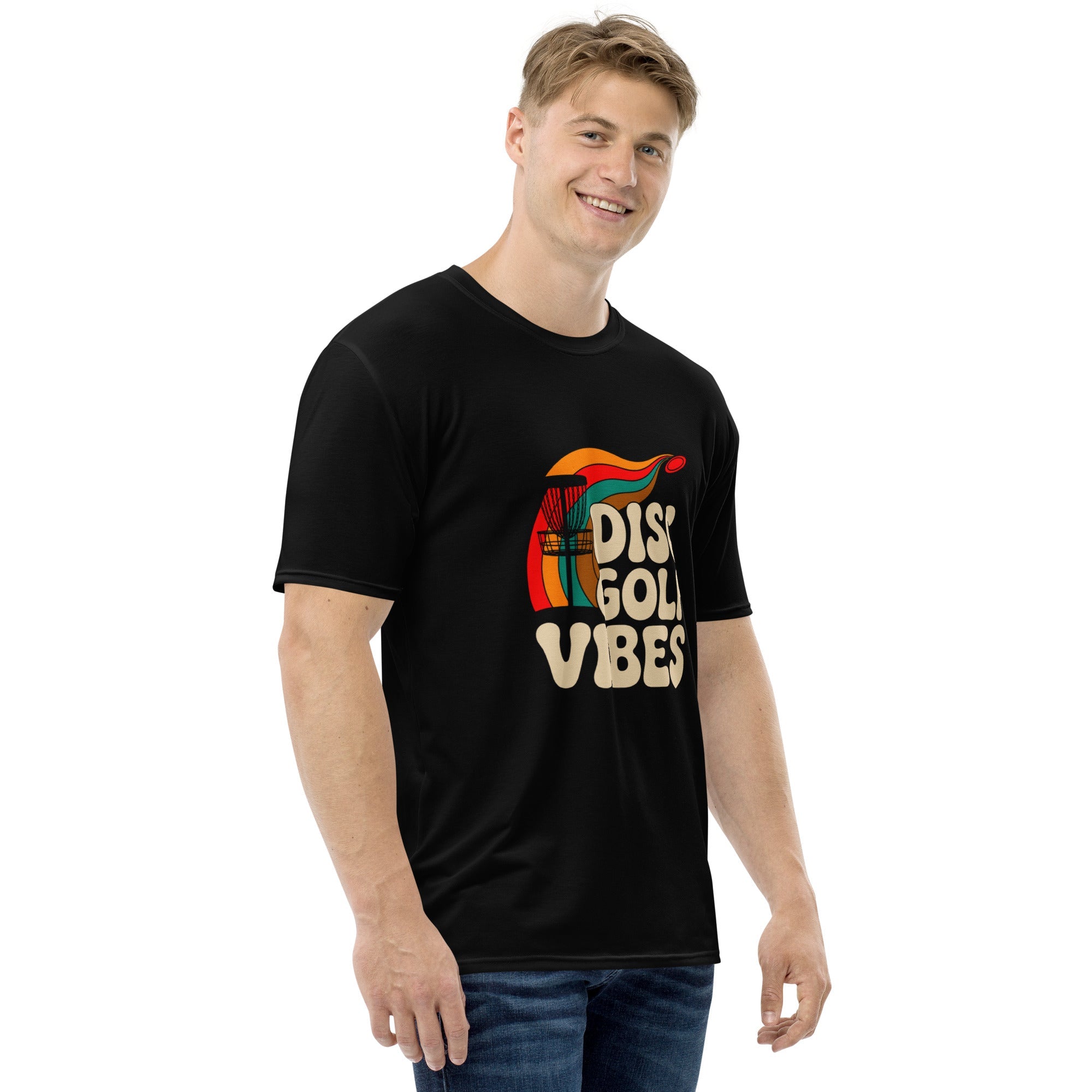 White men's Disc Golf Vibes T-Shirt by Dojo Designs featuring all-over colorful disc golf-themed print.