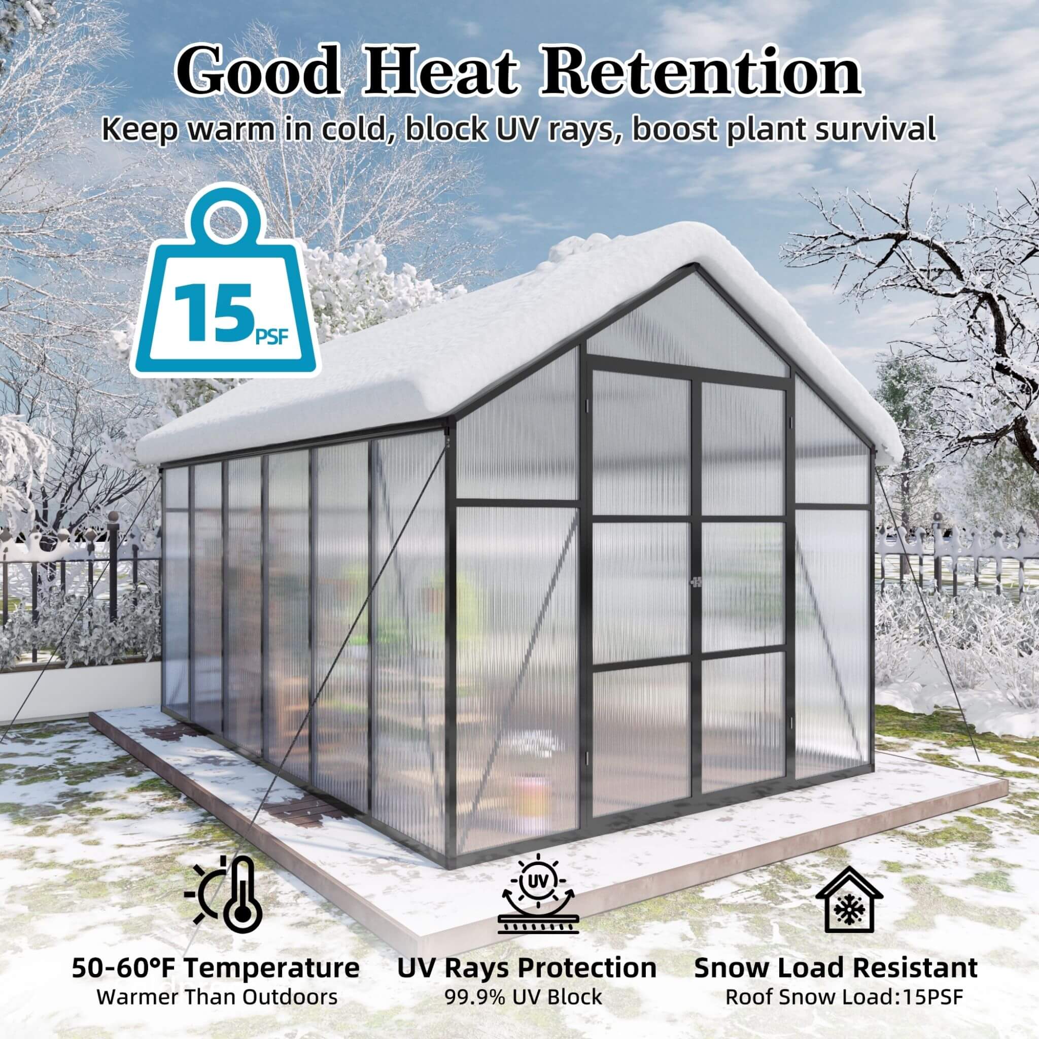 [08X12FT] All-Season Outdoor Backyard Polycarbonate Greenhouse With Raised Base And Aluminum Frame (SAK78614) - We The Collective