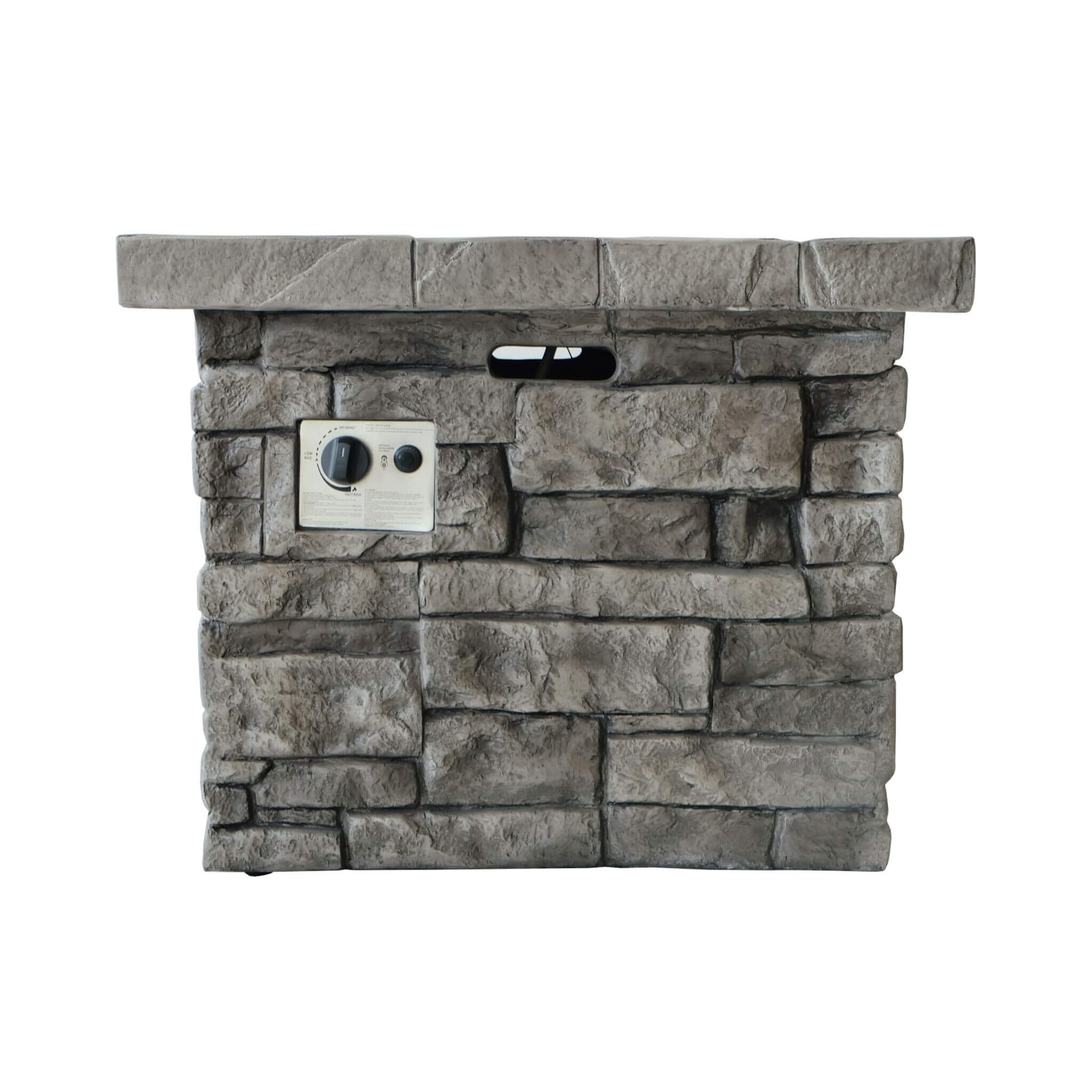 Back view of Alora 30-inch modern outdoor fire table with steel frame and lava rocks, designed for propane use.