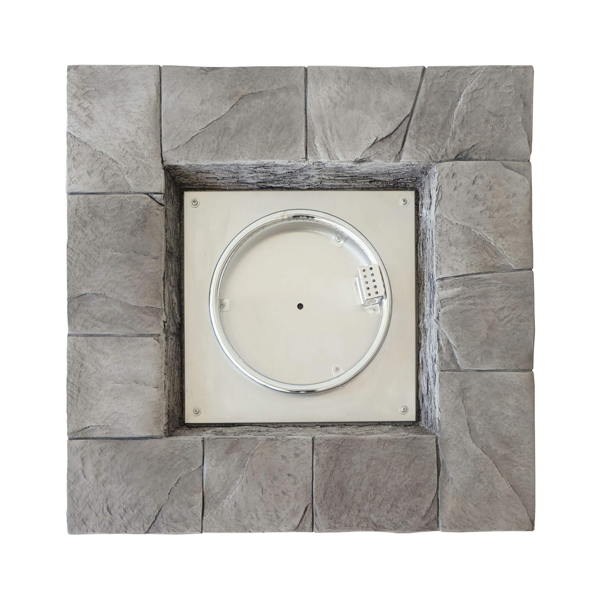 Alora 30-inch modern outdoor propane fire table with steel frame and lava rocks, showcasing the burner view.