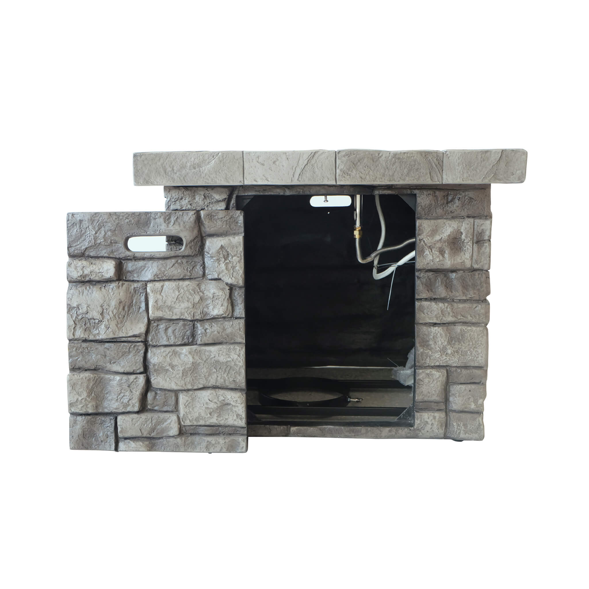 Front view of Alora 30-inch propane fire table with steel frame, open door, and lava rocks for outdoor use.