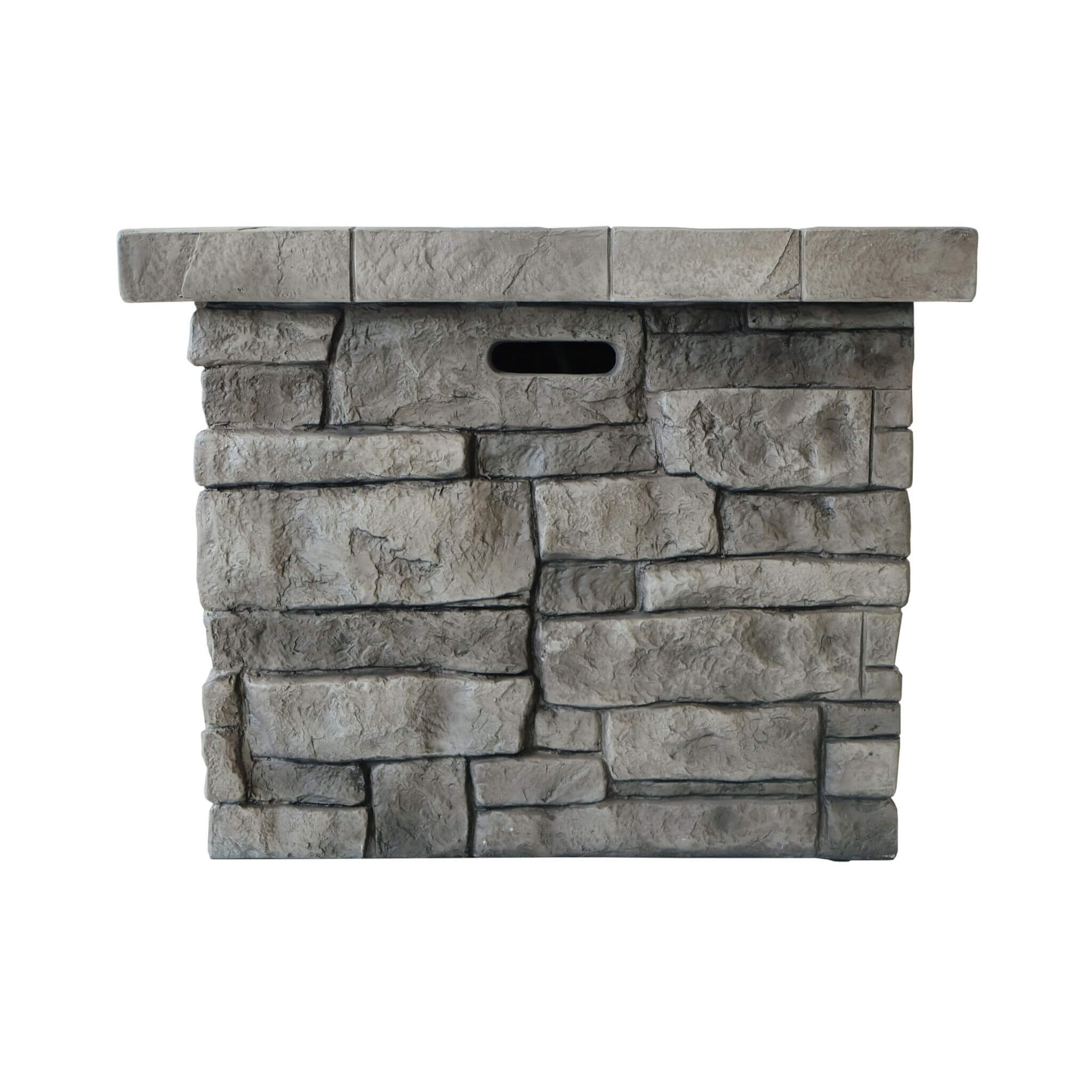 Alora 30-inch modern outdoor fire pit with steel frame, propane burner, and lava rocks in a front view.