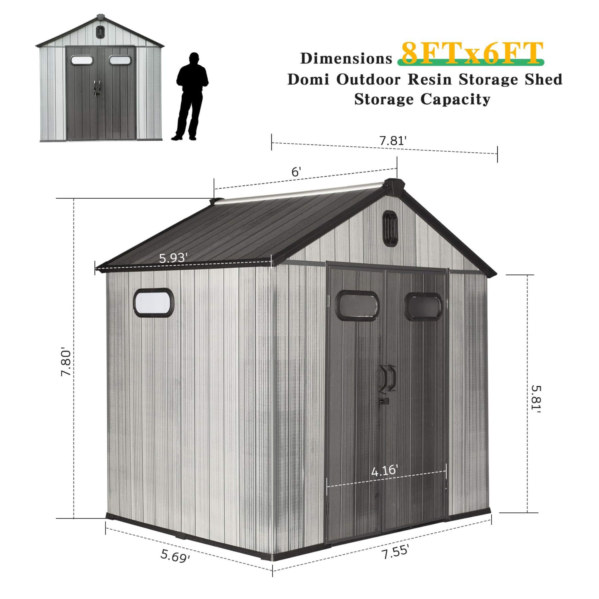 [06X08FT] Alora Heavy-Duty Outdoor All-Weather Resin Storage Shed With Lockable Doors, Windows, And Vents (SAK39874) - We The Collective