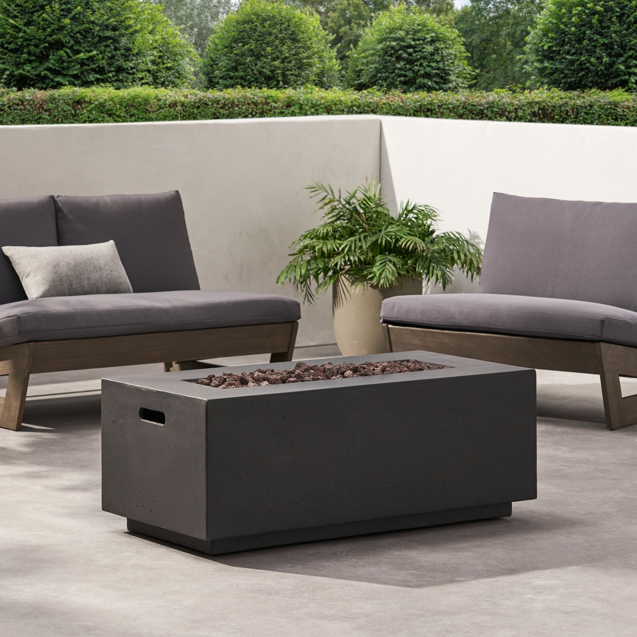 Alora premium rectangular propane gas fire pit table with 40K BTU, designed for contemporary outdoor spaces.