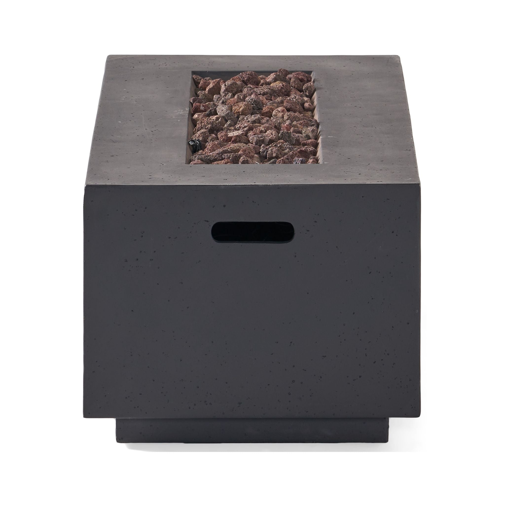 Alora Premium outdoor rectangular propane gas fire pit table with 40K BTU, viewed from the left side.